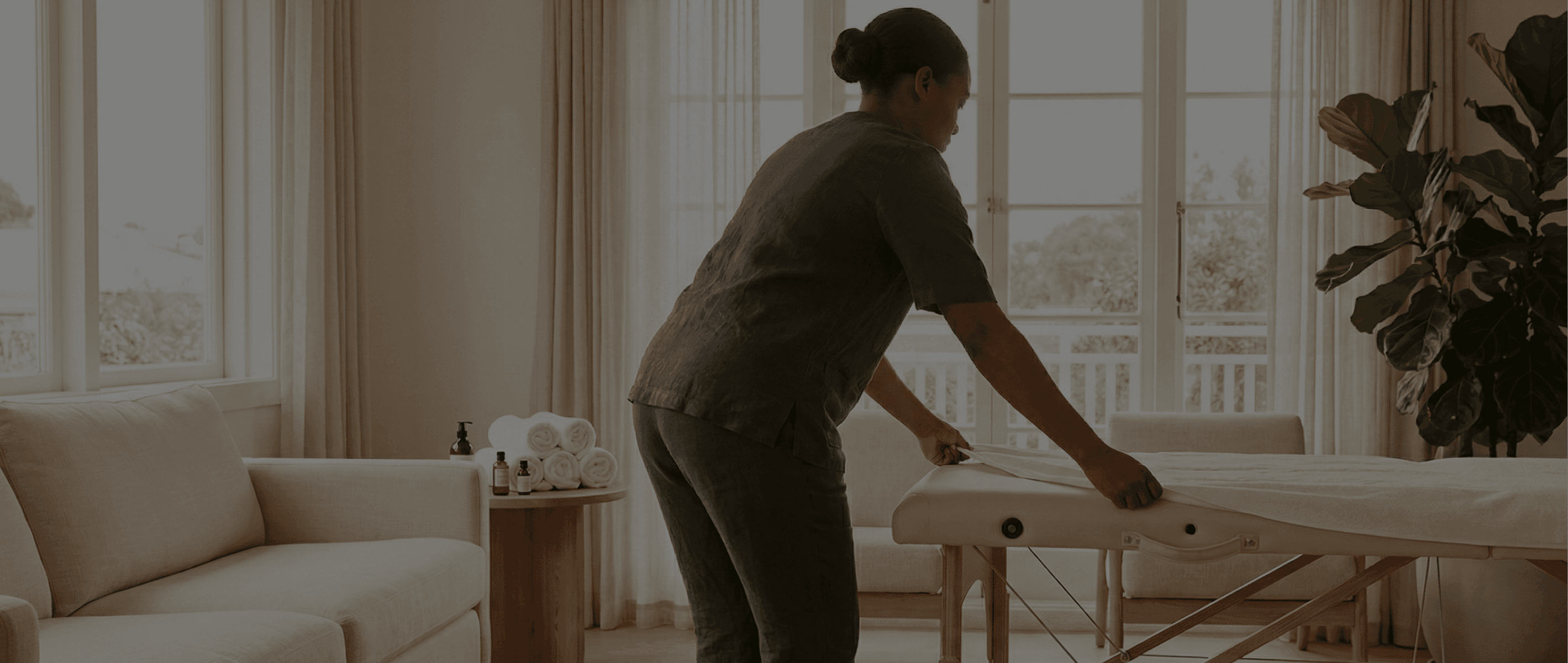 Professional mobile spa therapist setting up an intentional massage sanctuary for an in-residency ritual in Sandton.