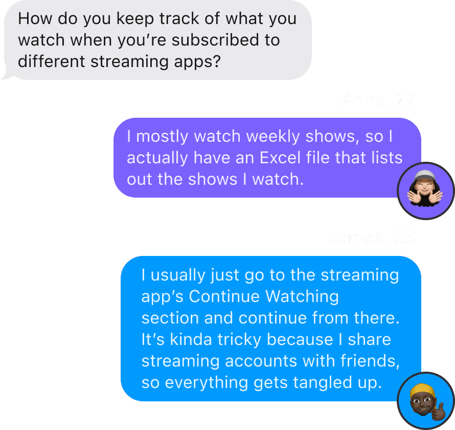 This image shows some of the responses for the question: "How do you keep track of what you watch when you're subscribed to different streaming apps?"
