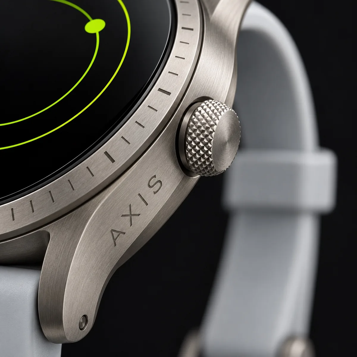 Close-up of the knurled titanium crown and engraved AXIS case
