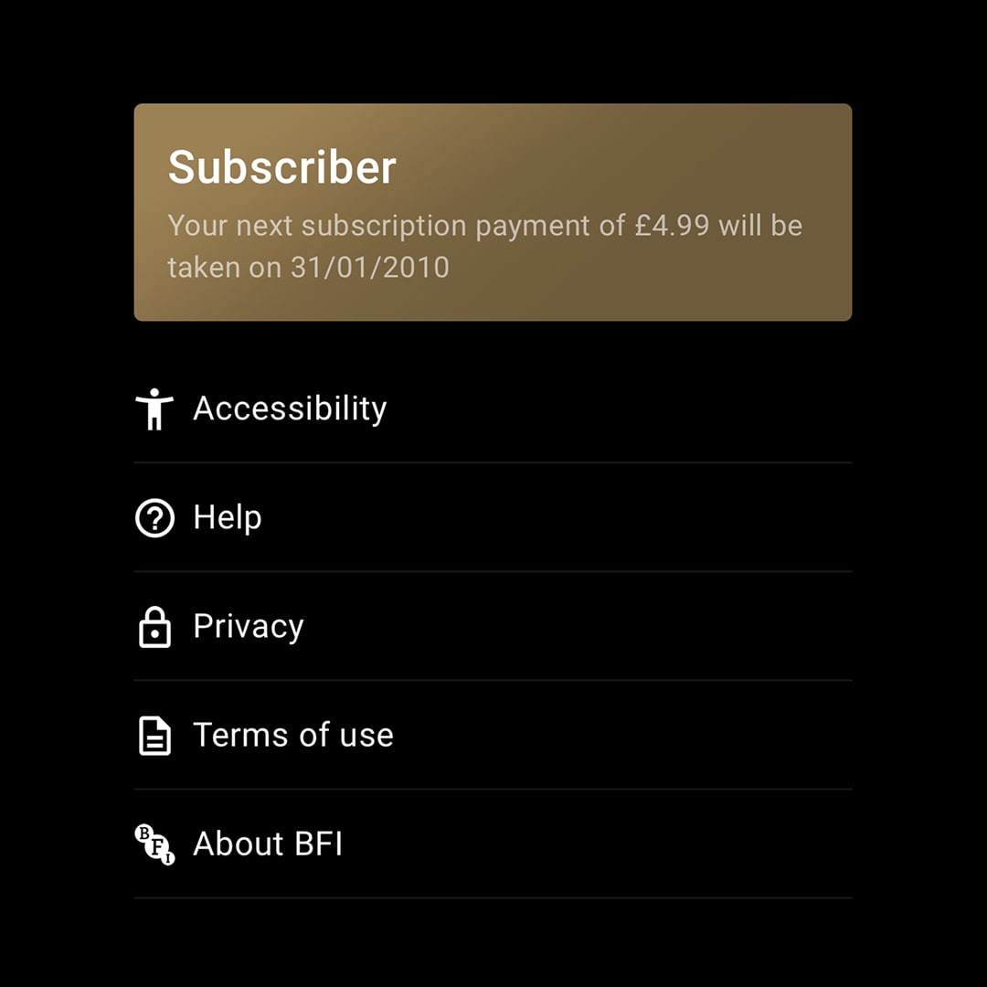 Profile settings screen showing a subscriber status card with next payment date, followed by menu items for accessibility, help, privacy, terms of use, and about BFI.