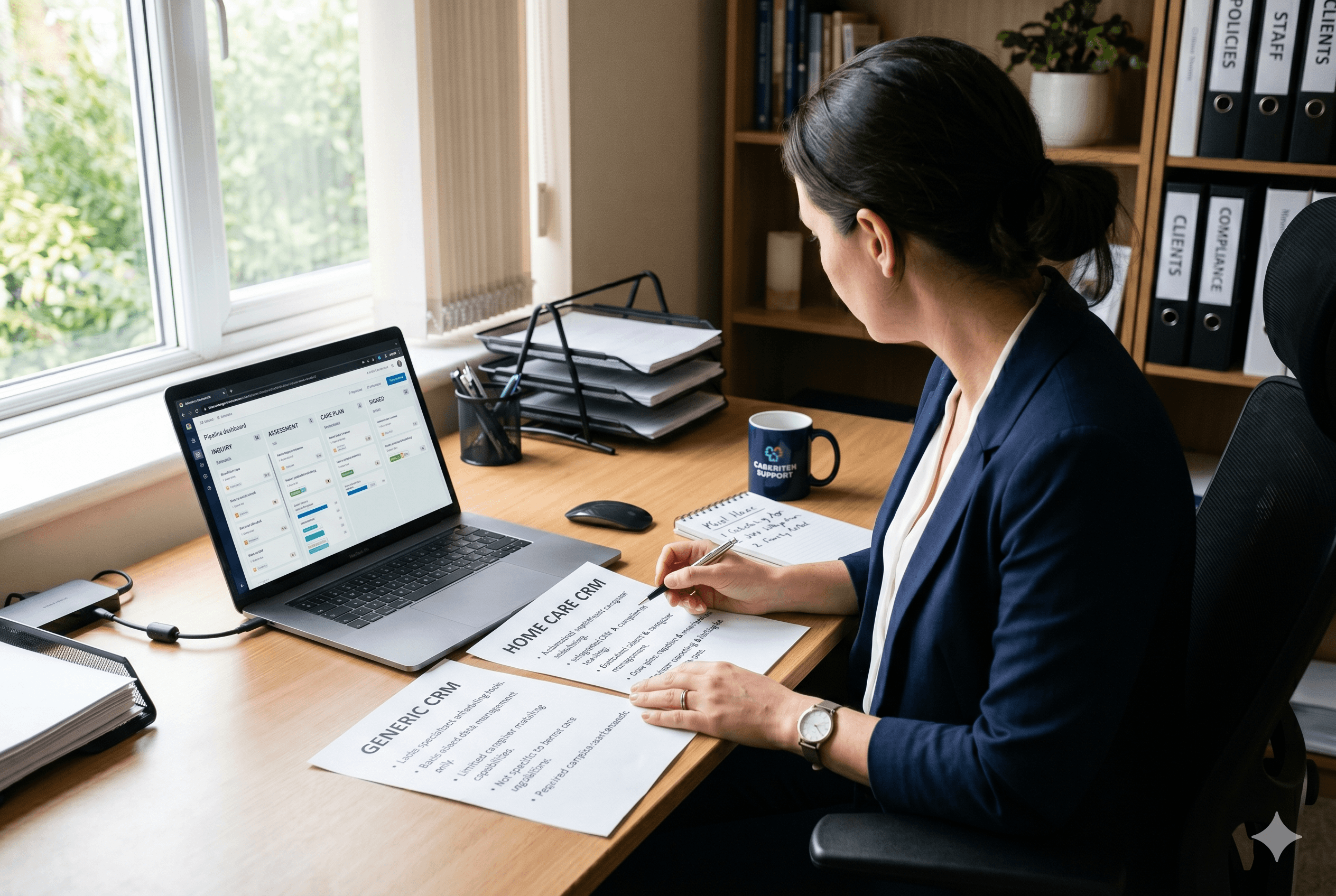 A home care agency owner at an organized desk reviewing "Generic CRM" and "Home Care CRM" comparison sheets next to a laptop and a "Must Have" notepad