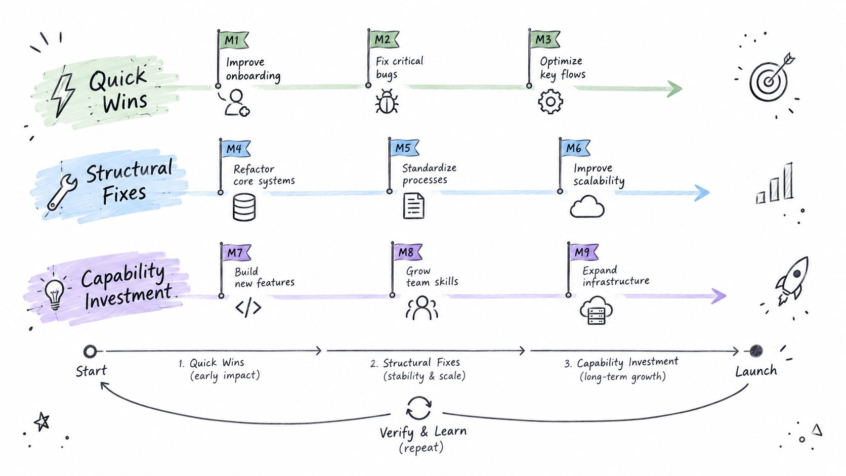 A strategic roadmap diagram showing three growth phases: Quick Wins, Structural Fixes, and Capability Investment for success.
