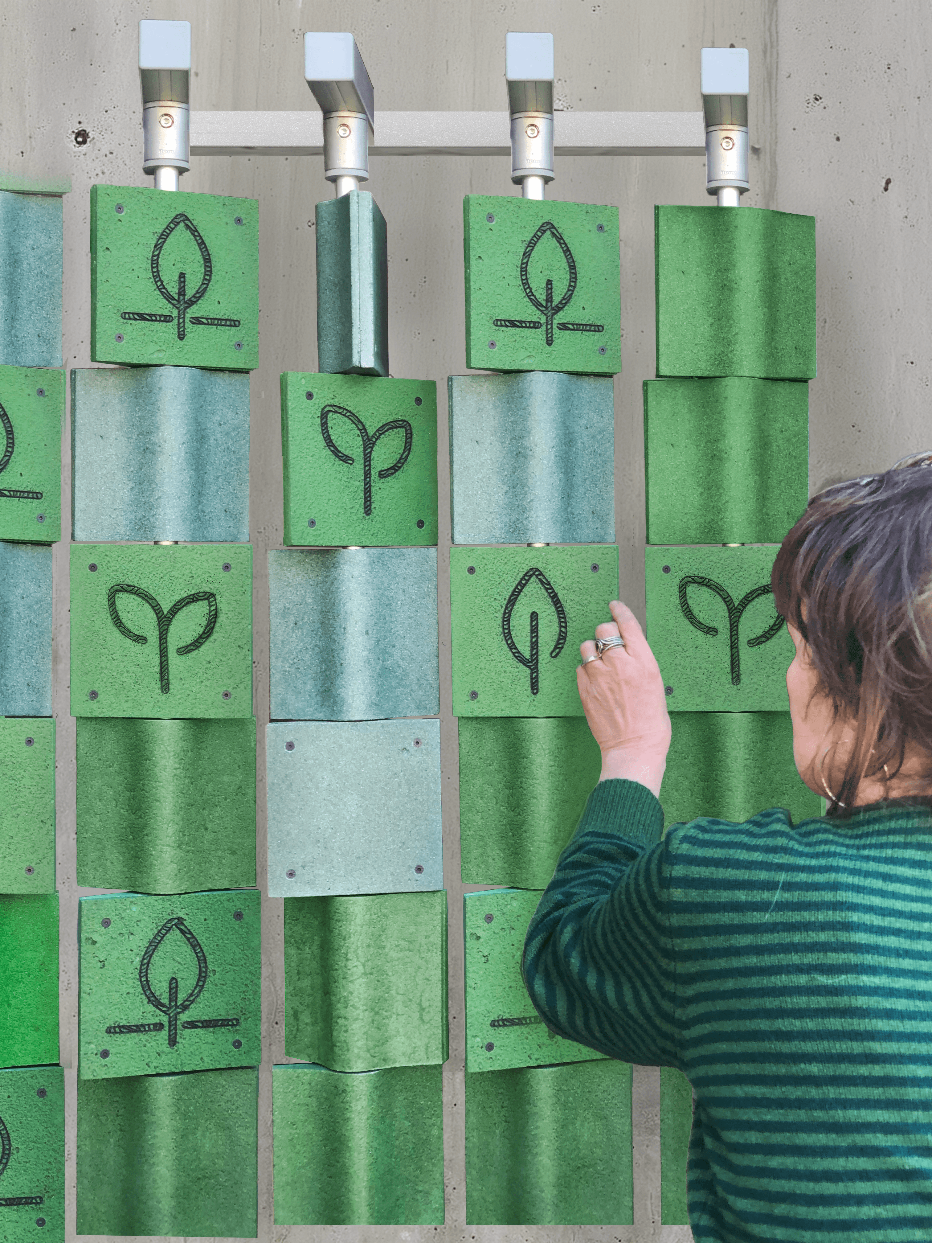 Person interacting with the DIAPHRAGM wall by rotating modular green tiles representing environmental regeneration data.