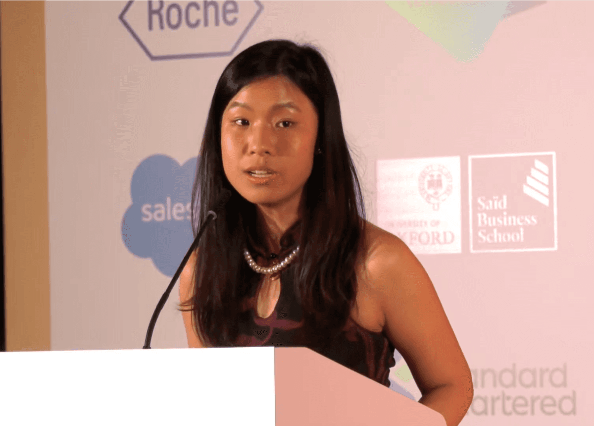 Natalie Loi giving her acceptance speech after winning the Science, Technology and Digital award