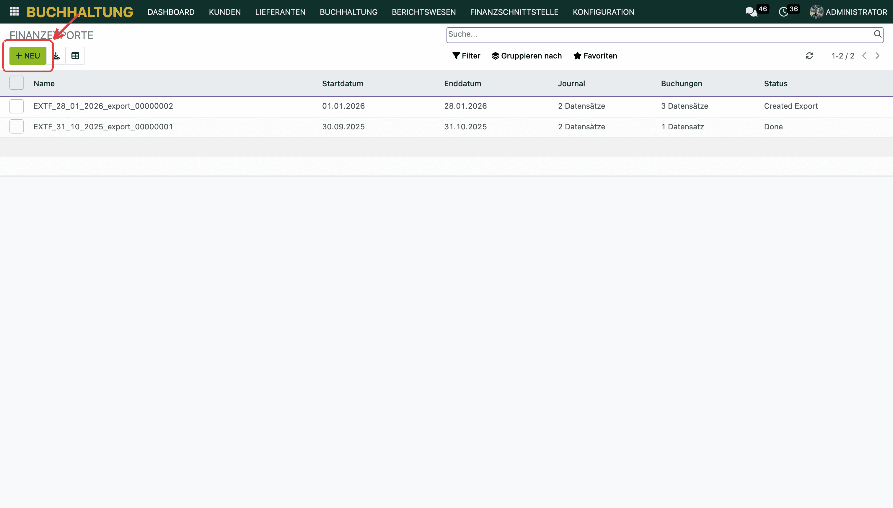 Buchhaltung → Finanzschnittstelle → Finanzexporte: Über Neu legst du einen Export an.