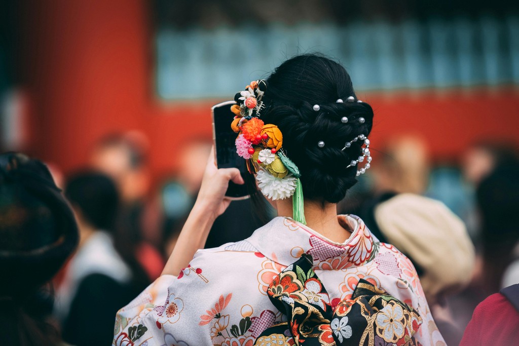 Women in Kimono taking a photo of temple