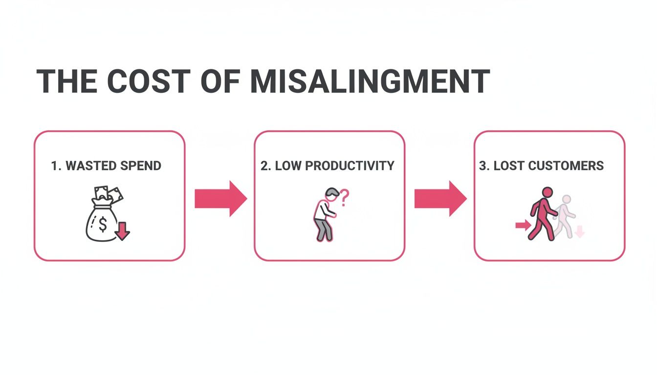 Flowchart illustrating the cost of misalignment, detailing wasted spend, low productivity, and lost customers.