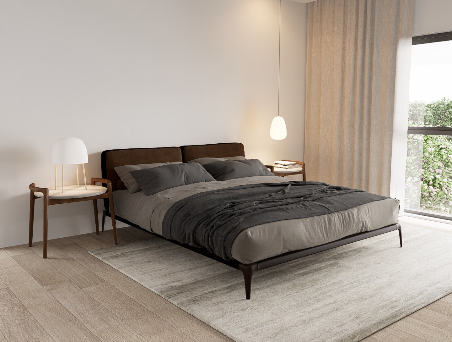 A tranquil sleep sanctuary emphasizing psychological well-being through a palette of soft textiles, warm timber flooring, and a seamless visual connection to nature by topos design studio