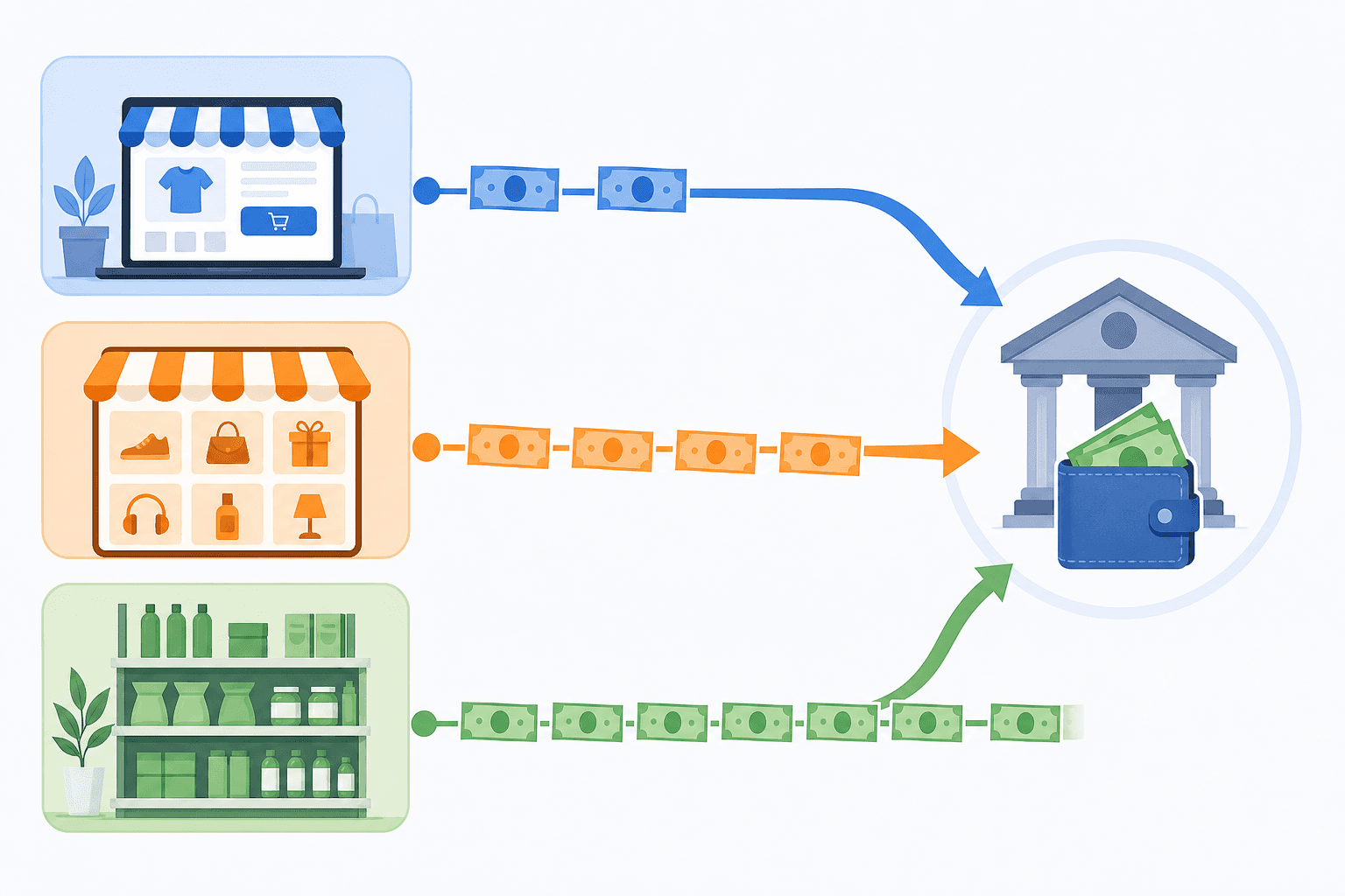 A clean, modern flat illustration showing three distinct retail channel pathways — an online storefront, a marketplace platform, and a physical retail shelf — each with a different cash flow timeline represented by flowing arrows of different lengths leading to a central bank/wallet icon. The channels are visually distinct with different colors (blue, orange, green), showing how money arrives at different speeds from each channel. Abstract, minimal, professional financial concept art with no text or labels.