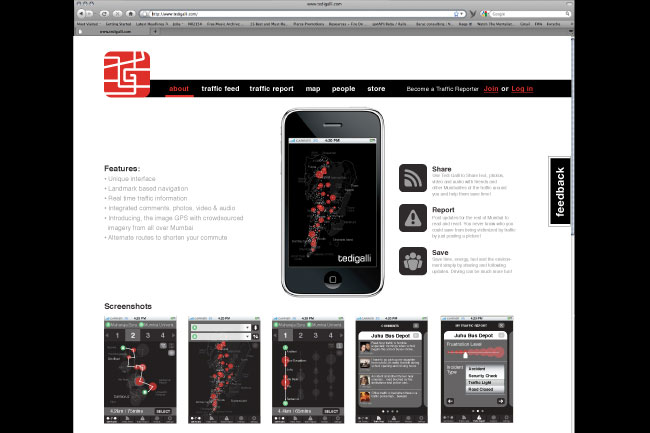 A screenshot of a website displays a red and white logo in the top left corner. Below the logo, a navigation bar includes tabs for "about," "traffic feed," "traffic report," "map," "people," and "store." A central image shows a large smartphone displaying a map with red dots, labeled "tadigall." To the right of the phone image are icons for "Share," "Report," and "Save." Below the icons are four smaller screenshots showing map views with red dots. The website is identified as "tadigall.com" at the top.