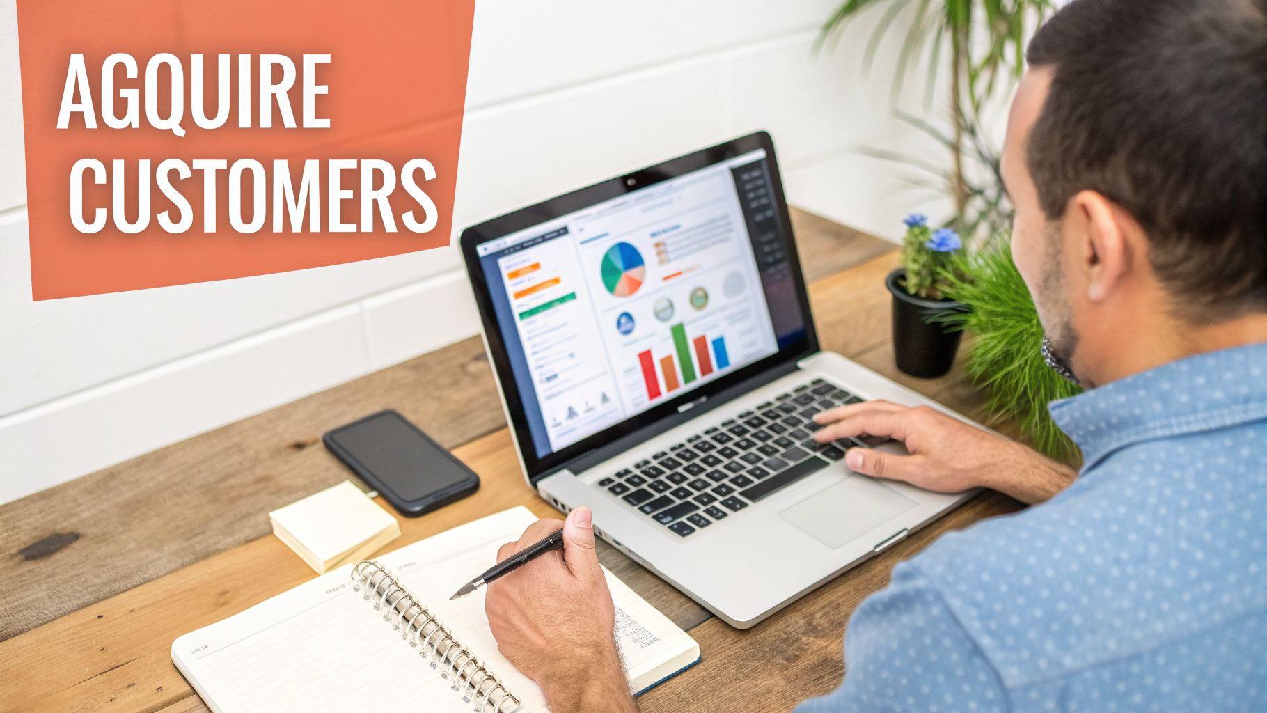 Man working on laptop with charts and graphs, planning to acquire customers, writing notes in a notebook.