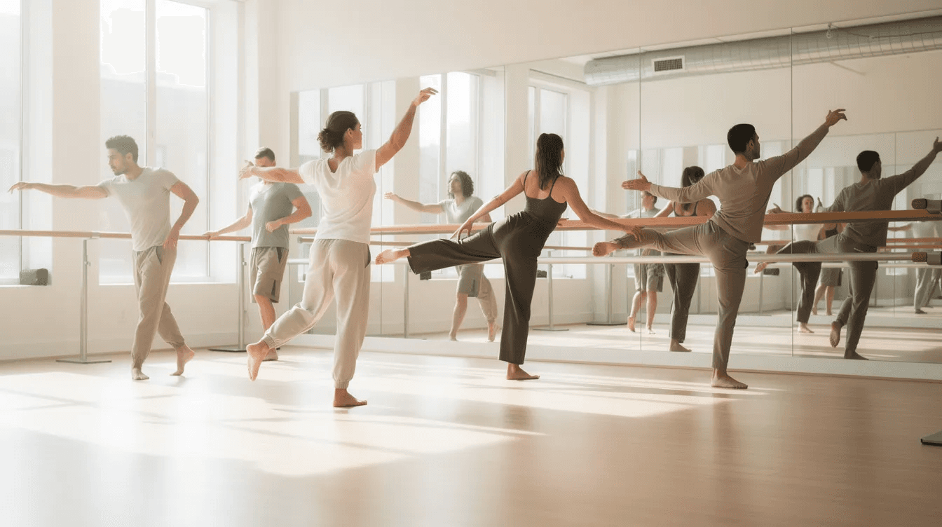 A group of dancers is rehearsing together in a bright, modern dance studio filled with large mirrors and barres, showcasing their commitment to the performing arts. The vibrant atmosphere reflects the energy of their movements as they prepare for future performances.