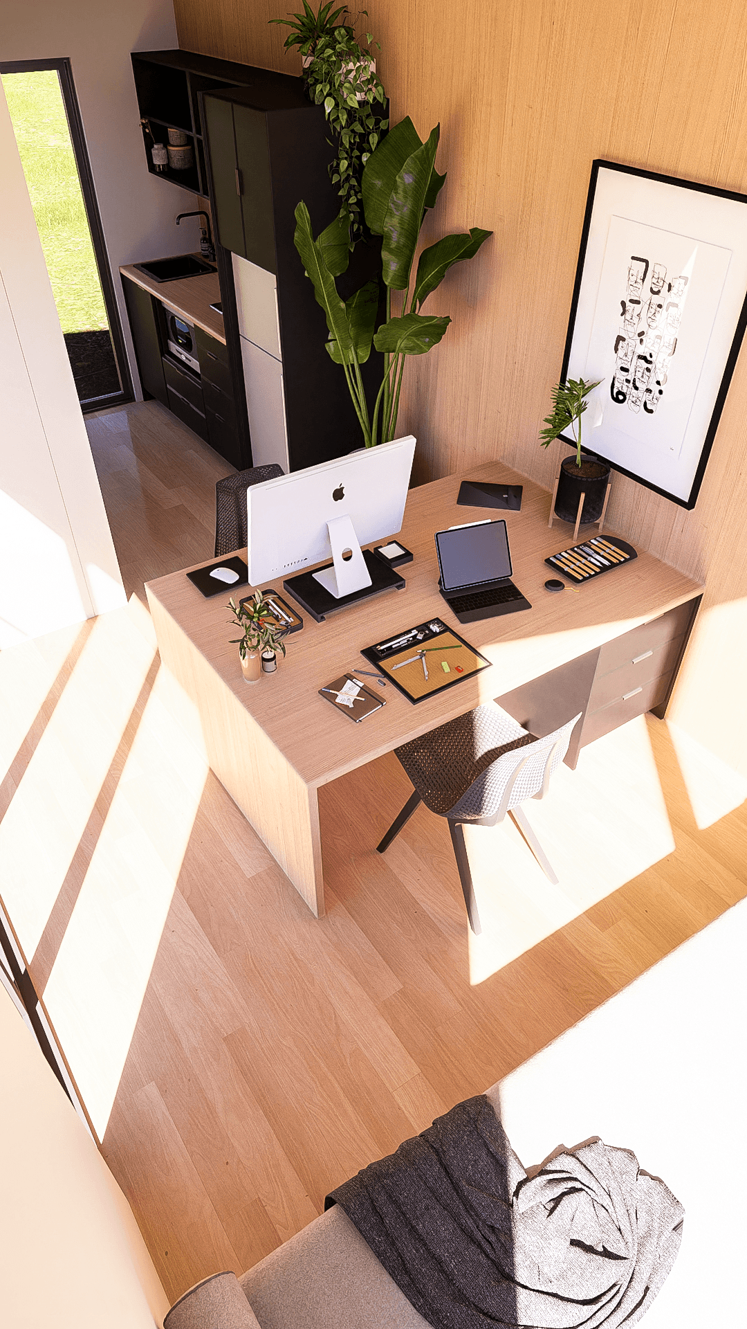 In-desk storage is a great space-saving solution for a tiny office
