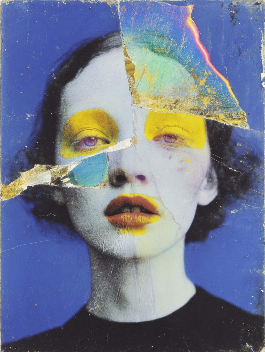 Artistic portrait of a woman with abstract textures and pink eyes, modern surreal art piece.