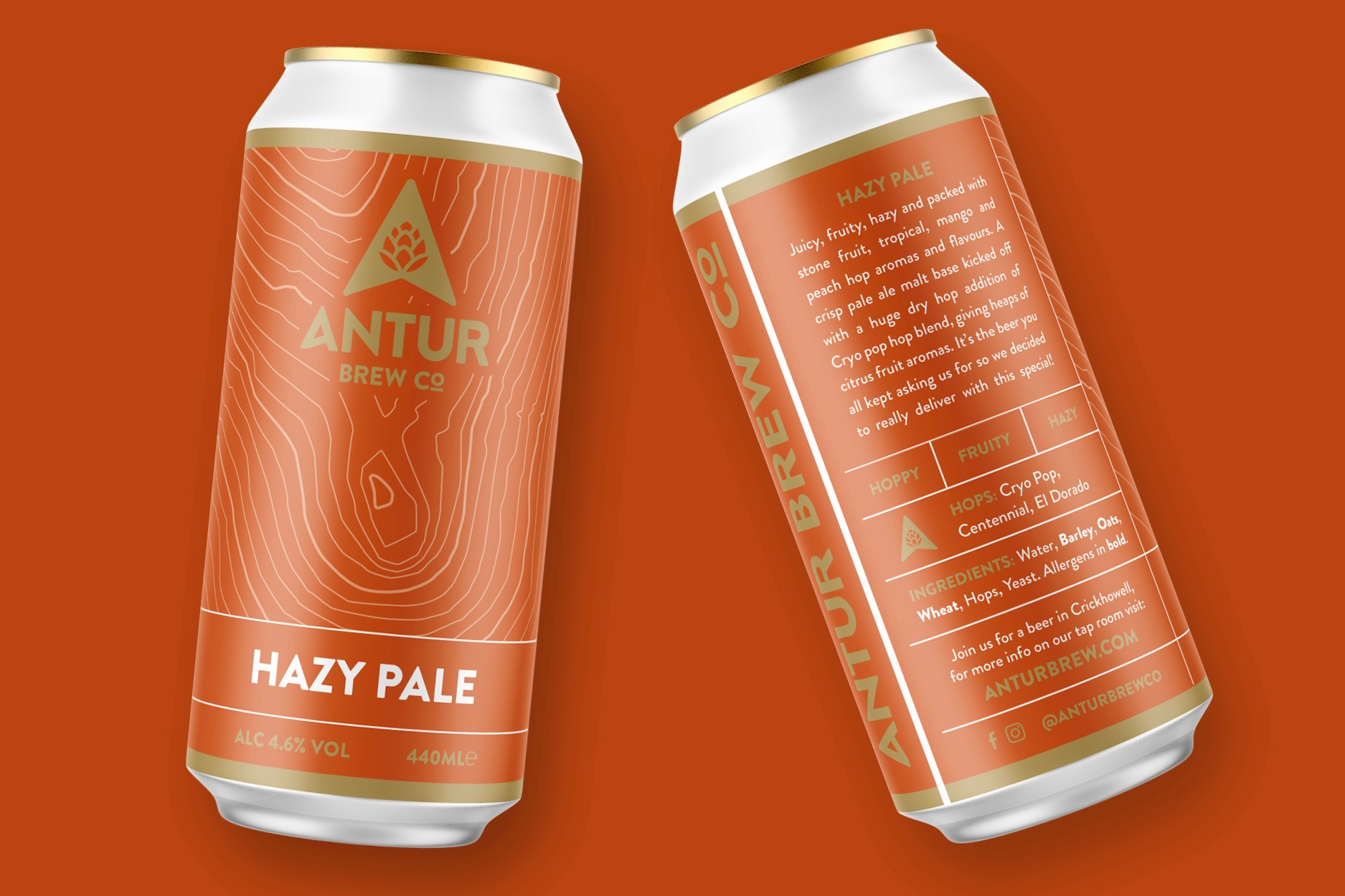 Front and back of Antur Brew Co Hazy Pale can featuring an orange topographic design, beer description, and ingredients list.