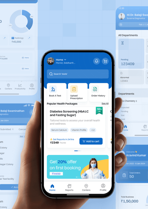 Human hand holding smartphone, screen have suvarna app dashboard