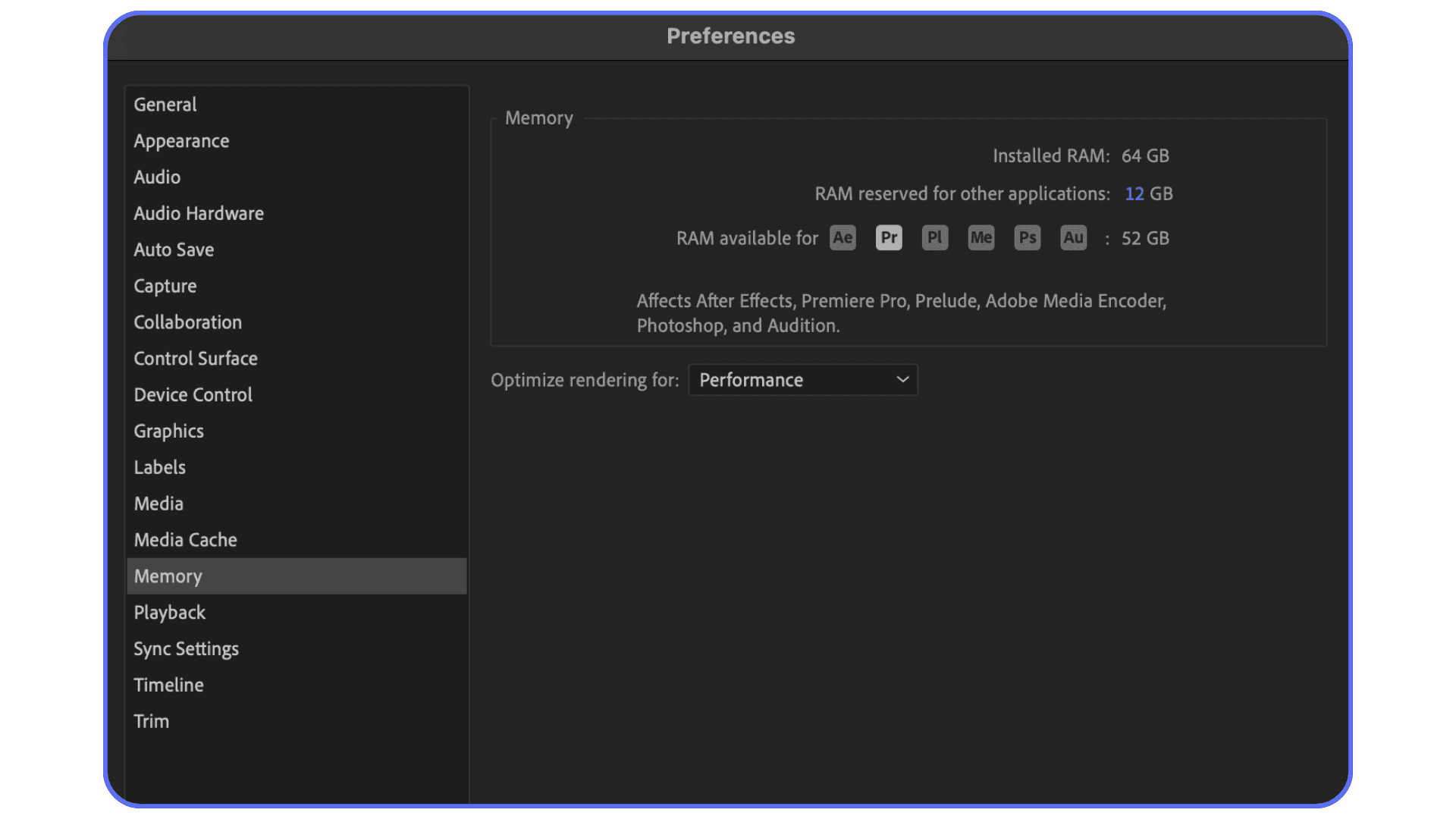 After Effects Memory preferences panel showing RAM reserved for other applications on a 64GB system