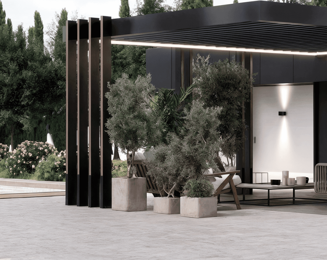 Minimalist living space featuring oak flooring, timber wall panels and panoramic windows with natural light.