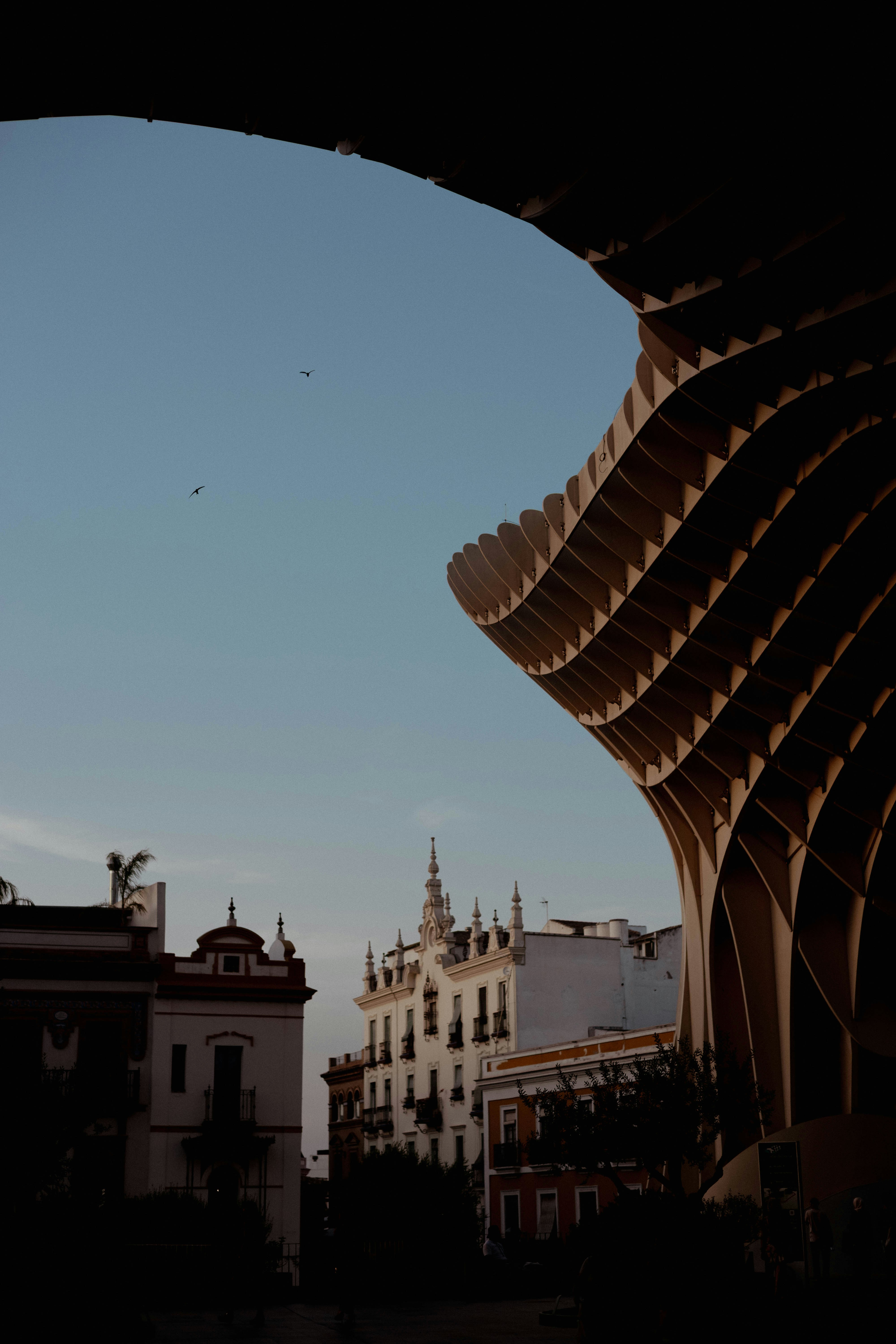 Modern wooden structure against historic buildings and sky