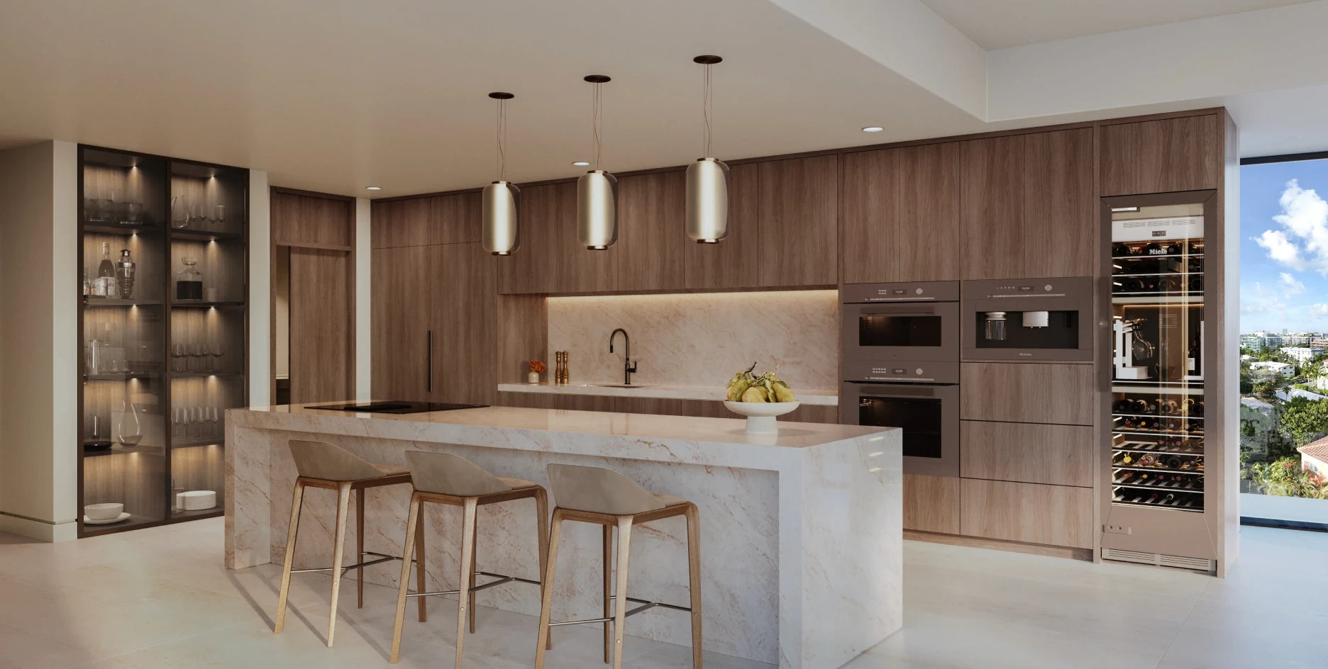 A contemporary kitchen showcasing white cabinets paired with black countertops.