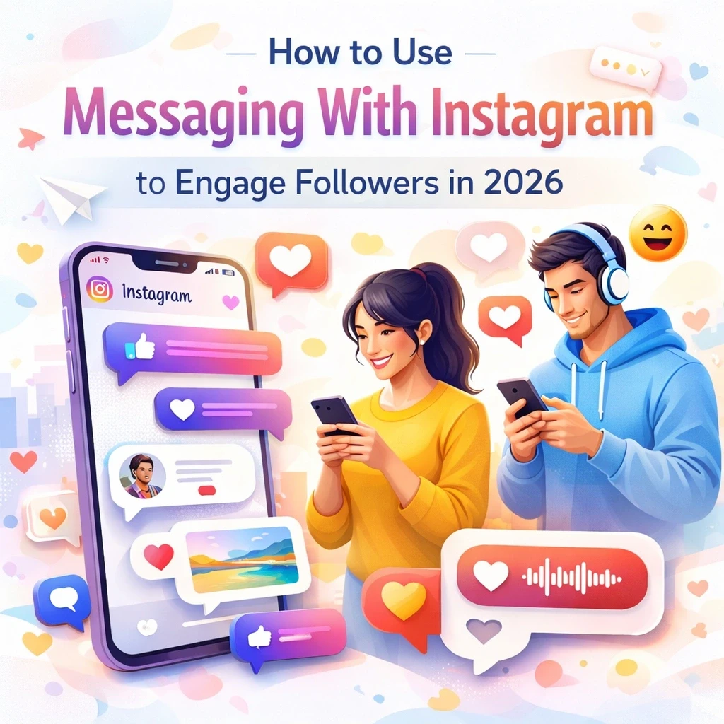 Modern blog header illustration showing Instagram messaging on a smartphone with users chatting, floating message bubbles, hearts, and emojis on a light pastel and white background, representing how to use Instagram messaging to engage followers in 2026.