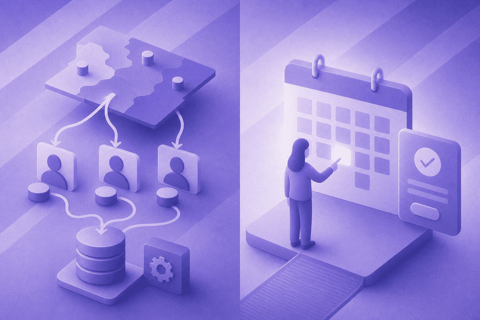 A split-screen flat design illustration comparing two scheduling approaches for B2B sales: on the left side, a structured enterprise workflow with territory maps, routing arrows connecting leads to specific sales reps, and CRM database icons suggesting complex rule-based assignment; on the right side, a simple clean calendar booking interface with minimal steps and a single user booking a meeting directly, modern blue and white color scheme, professional business aesthetic, no text or labels