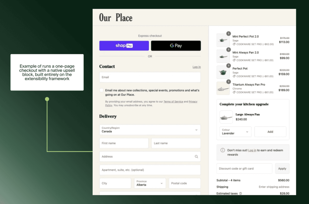 One-Page-Checkout von Our Place mit nativem Upsell-Block, komplett auf Shopify Checkout Extensibility gebaut