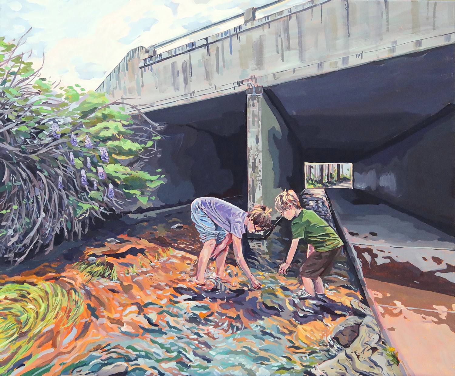 A painting of two children playing in a creek next to an overpass