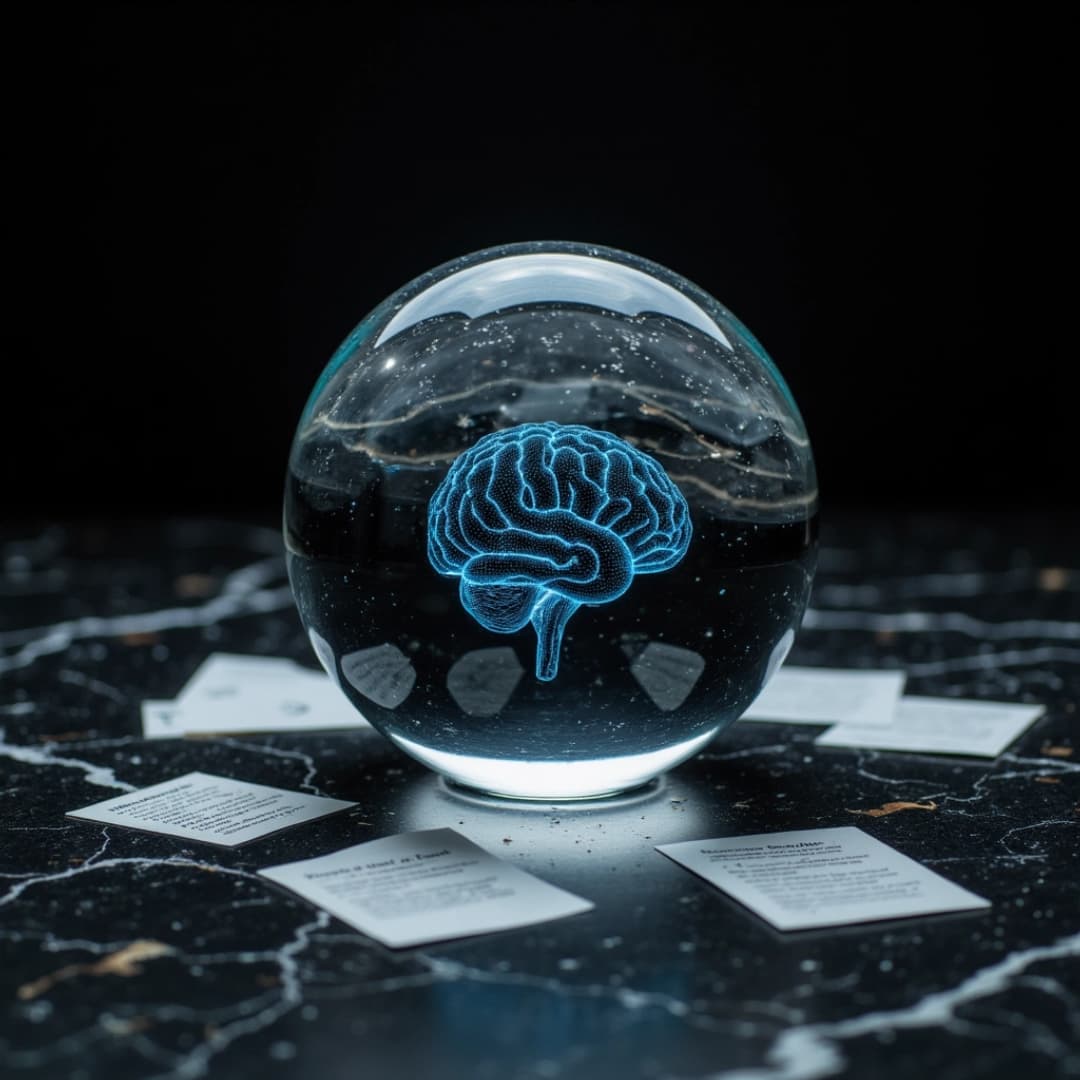 eine glaskugel mit einem gehirn als inhalt, das gehirn schimmert bläulich