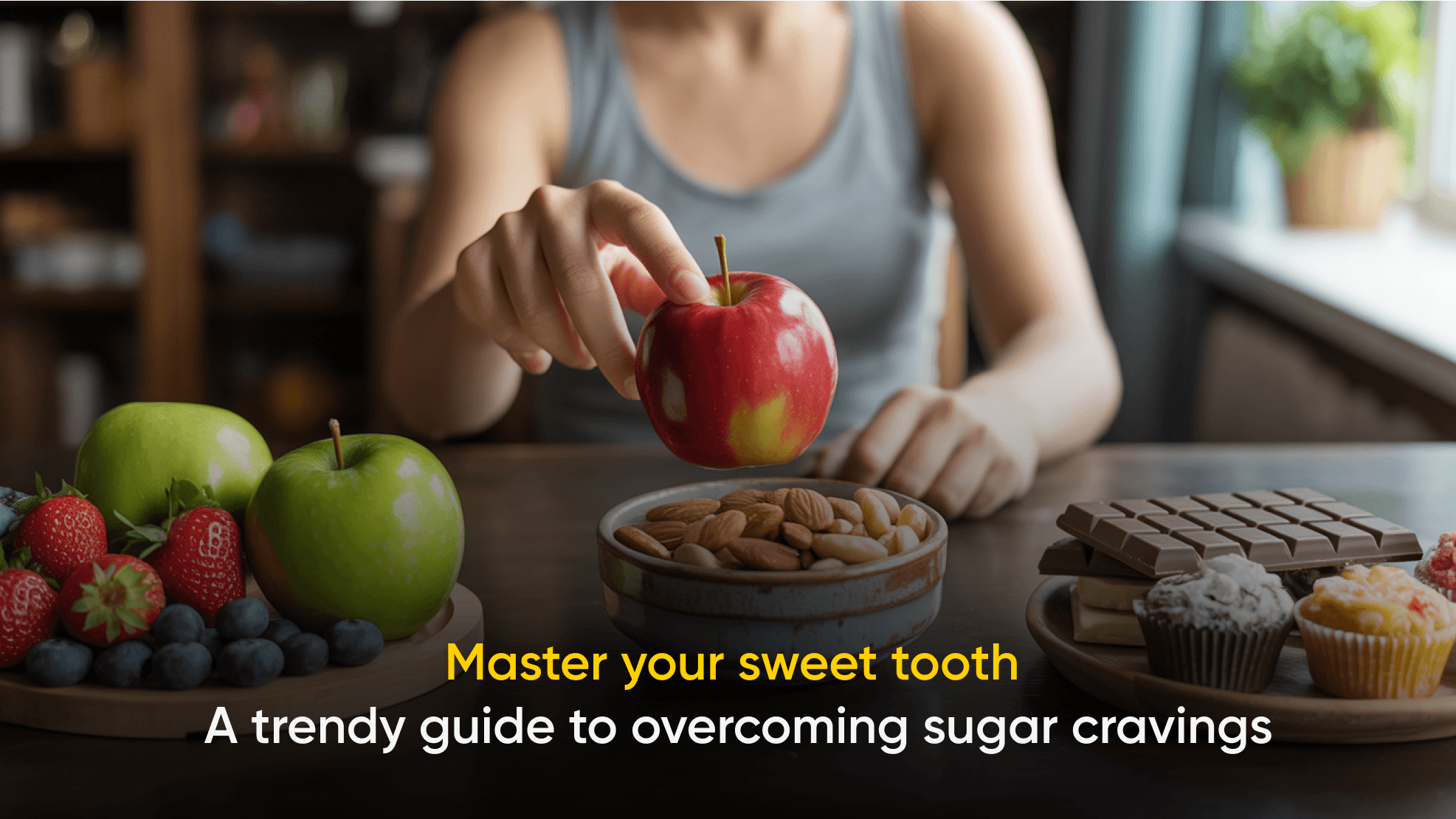 Person choosing a fresh apple over sugary desserts, with fruits, nuts, and chocolates on a table, and the text “Master your sweet tooth: A trendy guide to overcoming sugar cravings” displayed on the image.