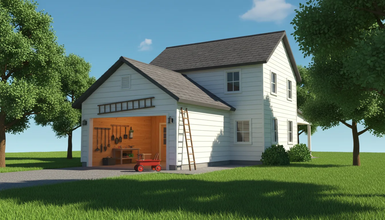 A stylized 3D render of a suburban house, Unreal Engine 5 aesthetic, bright daytime lighting. The scene features a two-story house with white horizontal siding and an open attached garage, revealing a detailed interior with wood paneling. The art style is clean and slightly cartoonish, with crisp shadows, vibrant green stylized trees with clumpy leaves, a red toy wagon on the asphalt driveway, and a wooden ladder leaning against the garage wall under a clear blue sky.