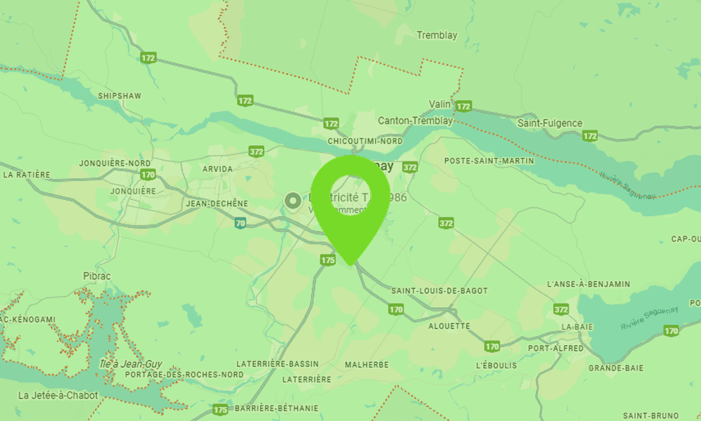 Carte montrant la zone de Saguenay étant desservie par B2Web, spécialistes en conception de sites web performants