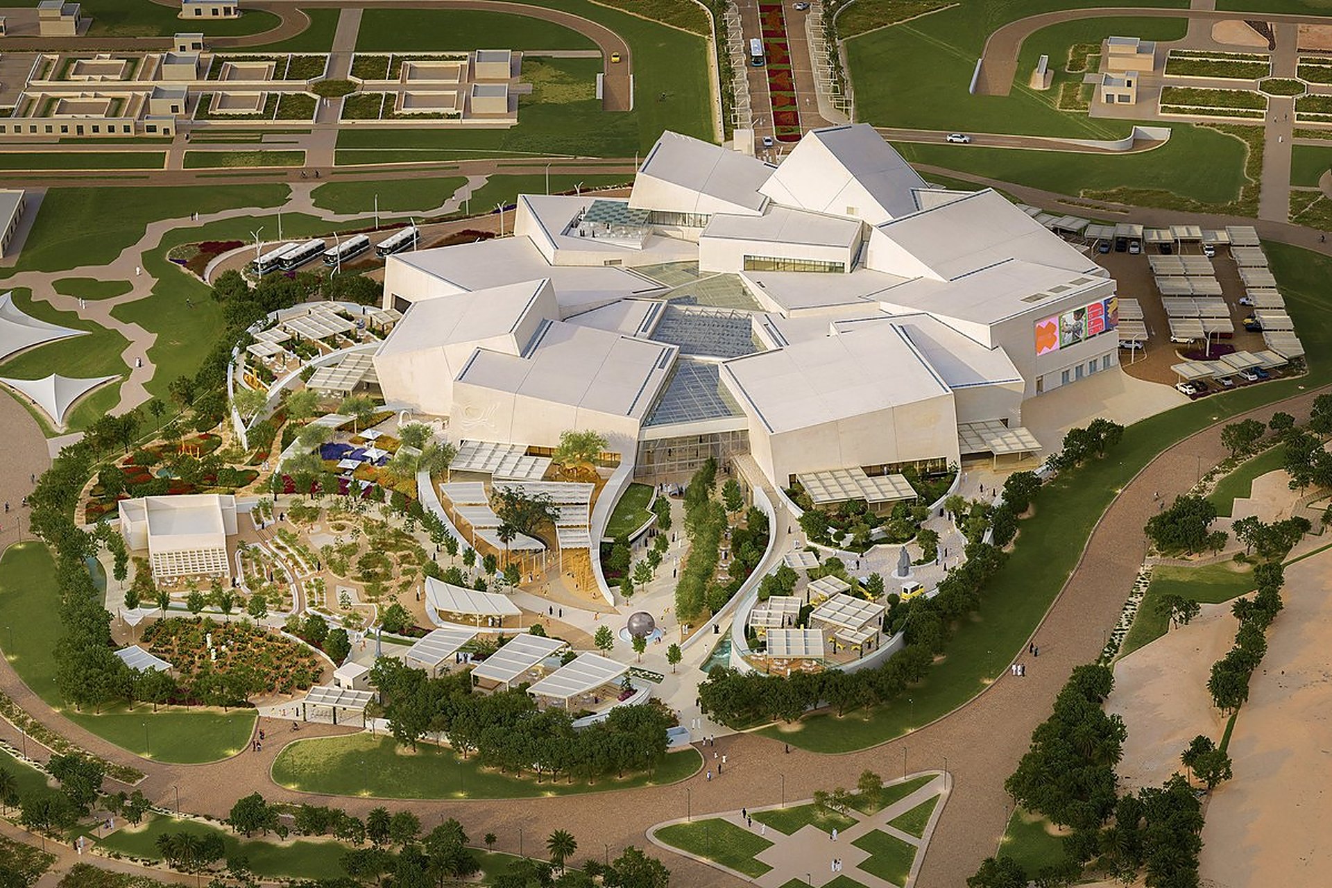 Dadu, le futur musée des enfants de Doha, vu du ciel en image de synthèse : des volumes blancs assemblés autour d'un cœur végétal, dans le parc d'Al Bidda