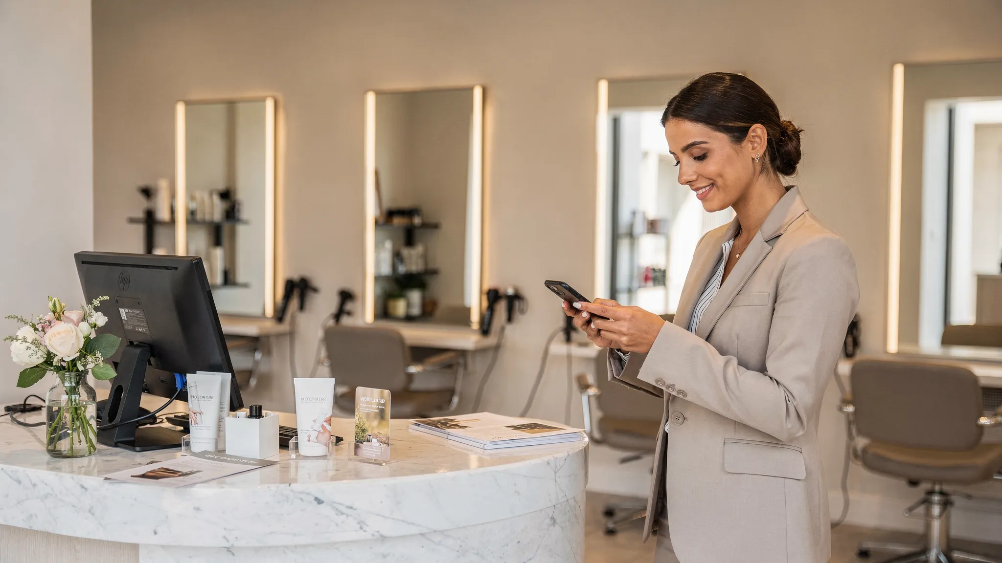 A calm luxury hair salon reception area with a client scheduling an appointment on a phone while salon chairs and styling stations are visible in the background.