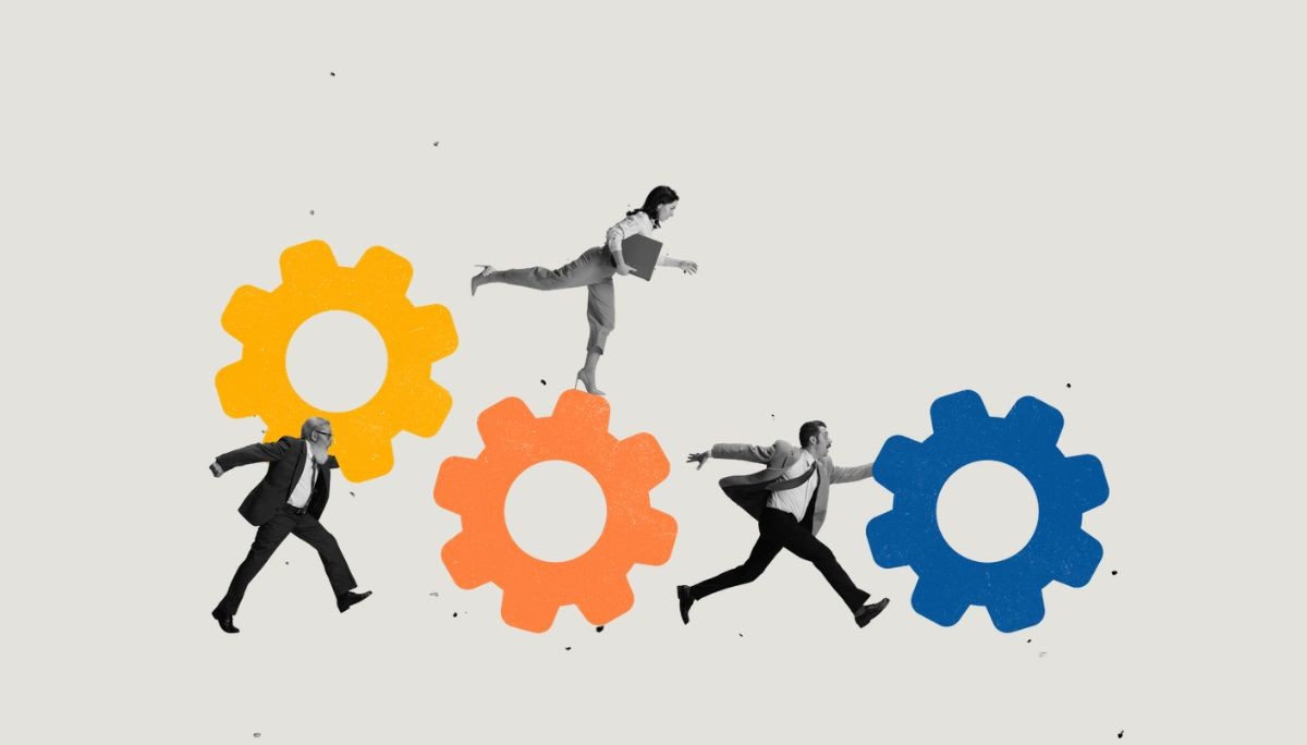 Illustration of business people interacting with large colorful gears, symbolizing employment skills assessment tests and preparation.