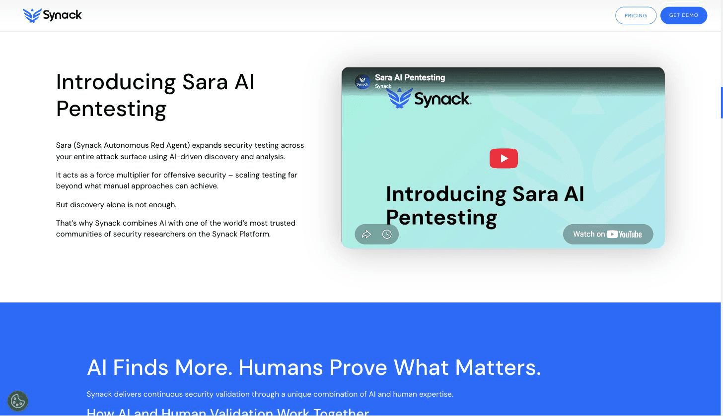 Synack AI pentesting page introducing Sara, the Synack Autonomous Red Agent, above the AI Finds More Humans Prove What Matters section