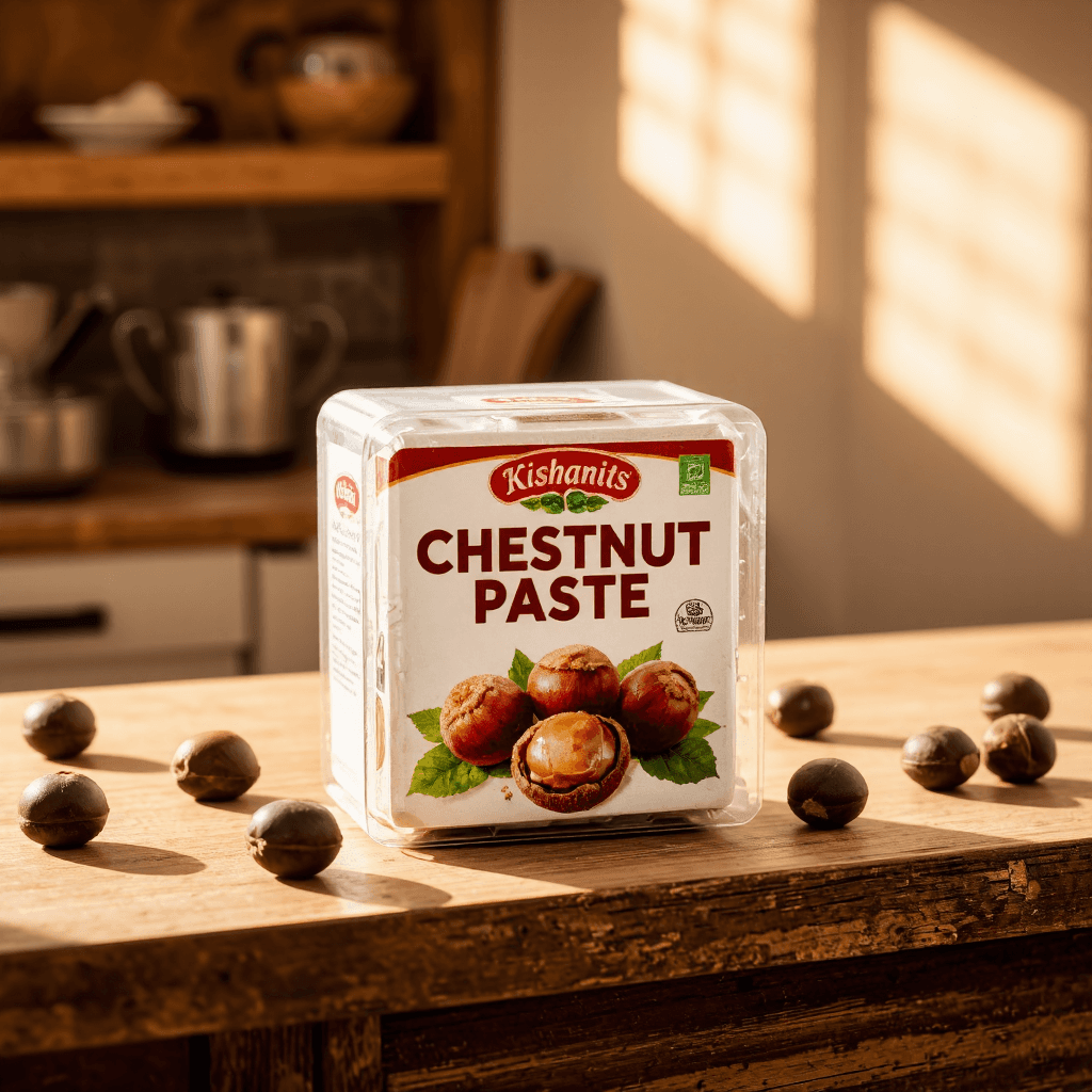 product photography of a package of chestnut paste, used for cooking and baking