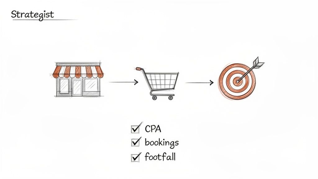 Hand-drawn diagram: storefront, shopping cart, target, checklist for CPA, bookings, footfall. Titled 'Strategist'.