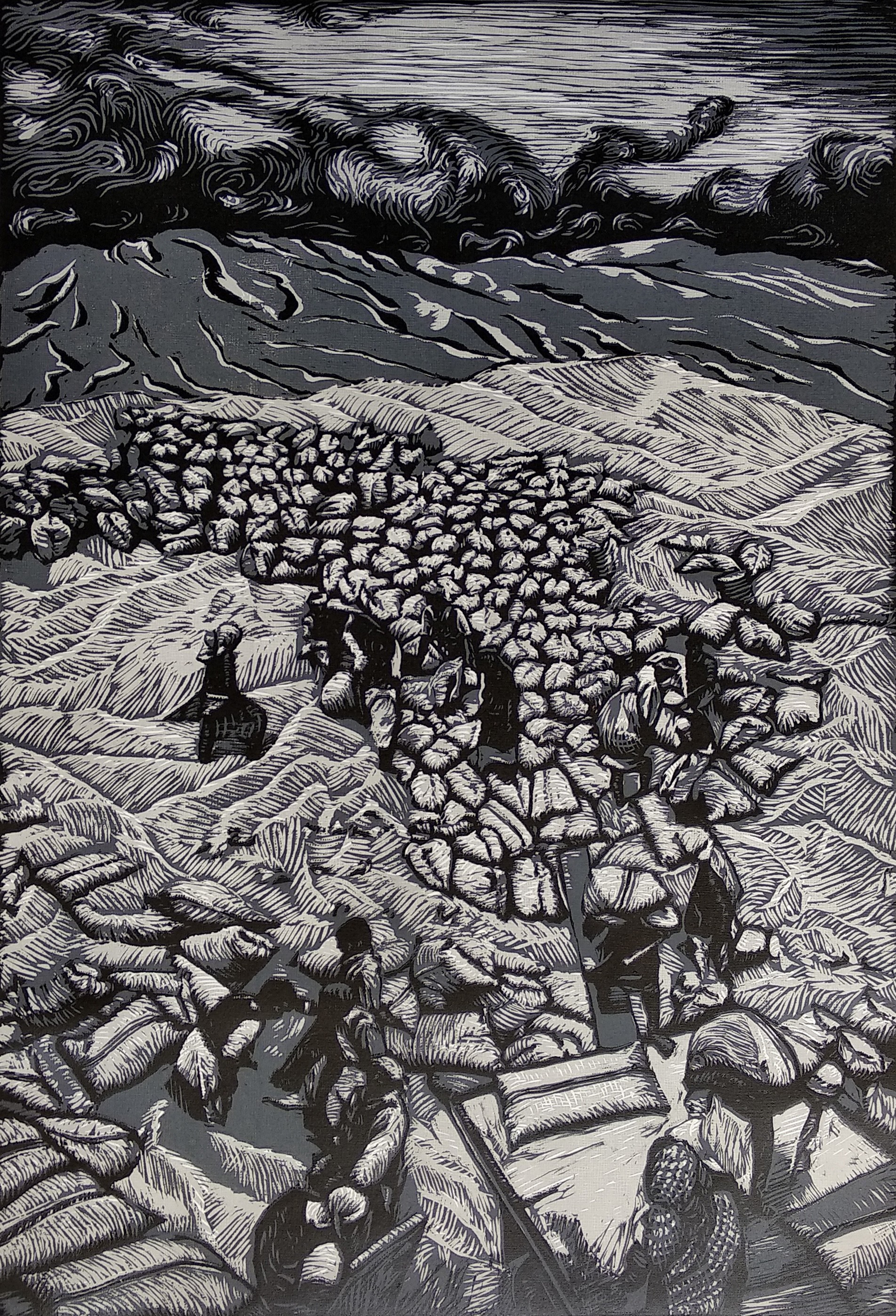 herd of sheep on road painting