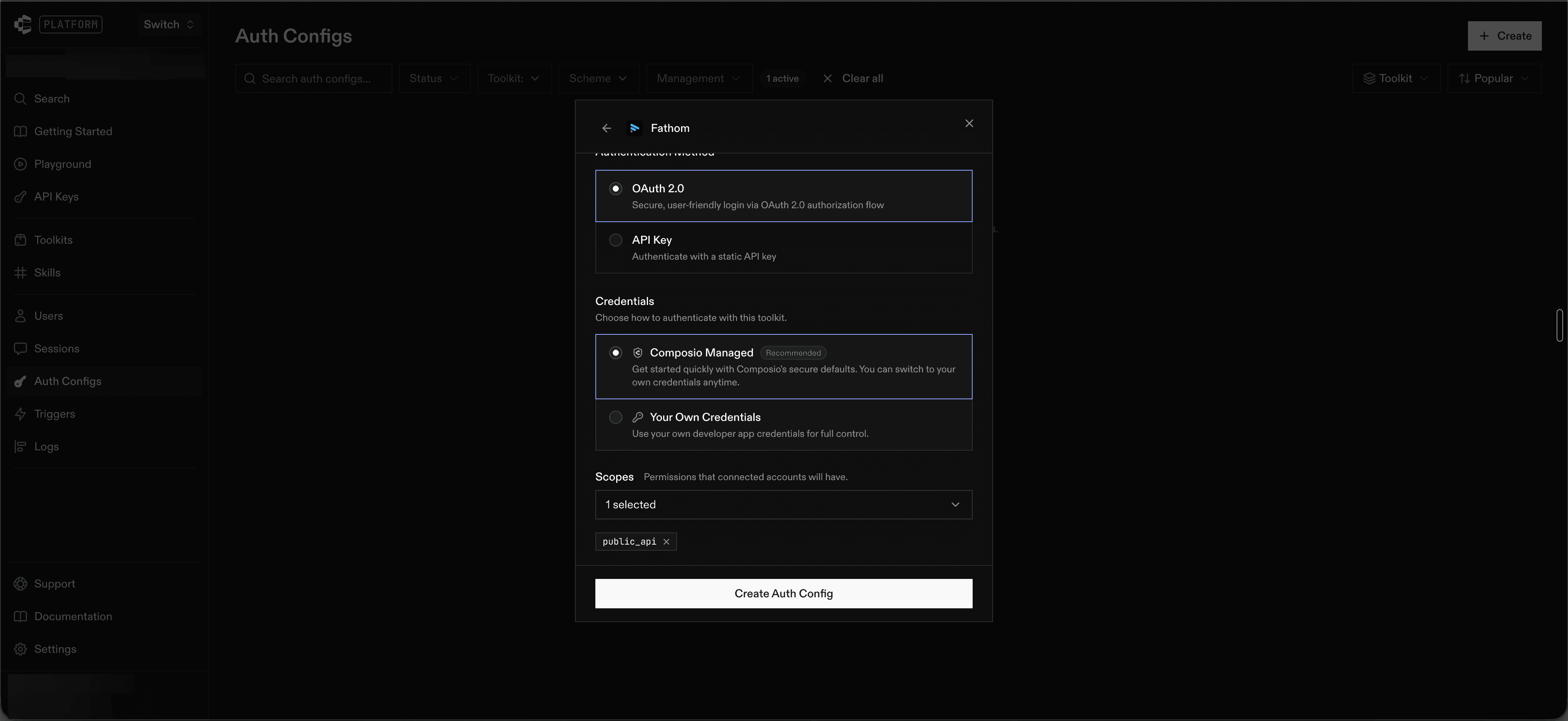 Select OAuth 2.0, Composio Managed, and the public_api scope