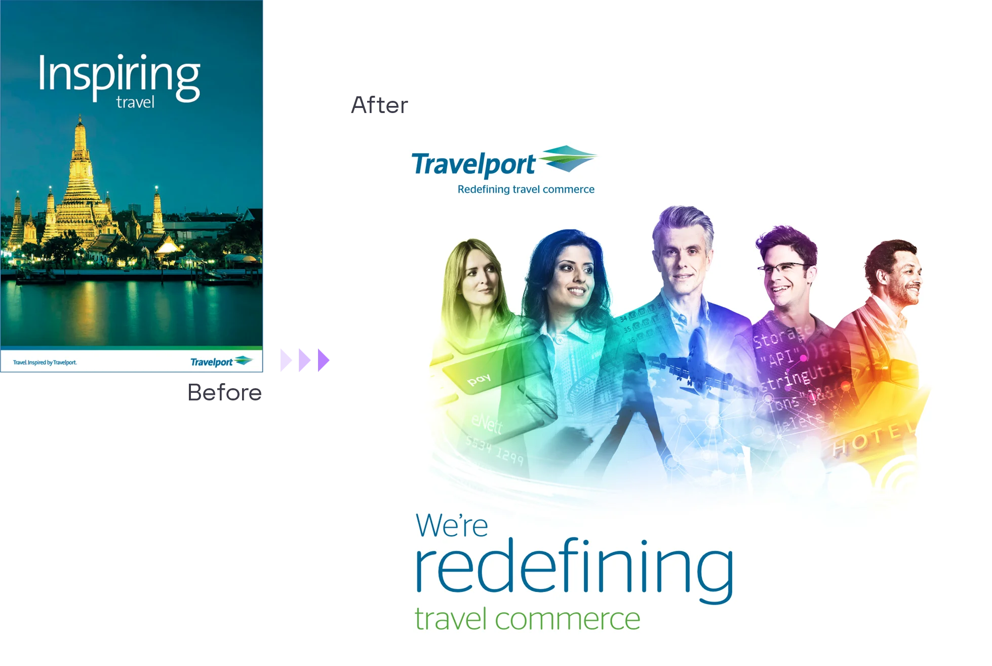 Picture of an asian travel destination with text 'inspiring travel', with text above saying 'before > after'. Next to it is a new colourful graphic with people and travel imagery, and a strapline 'We're redefining travel commerce'