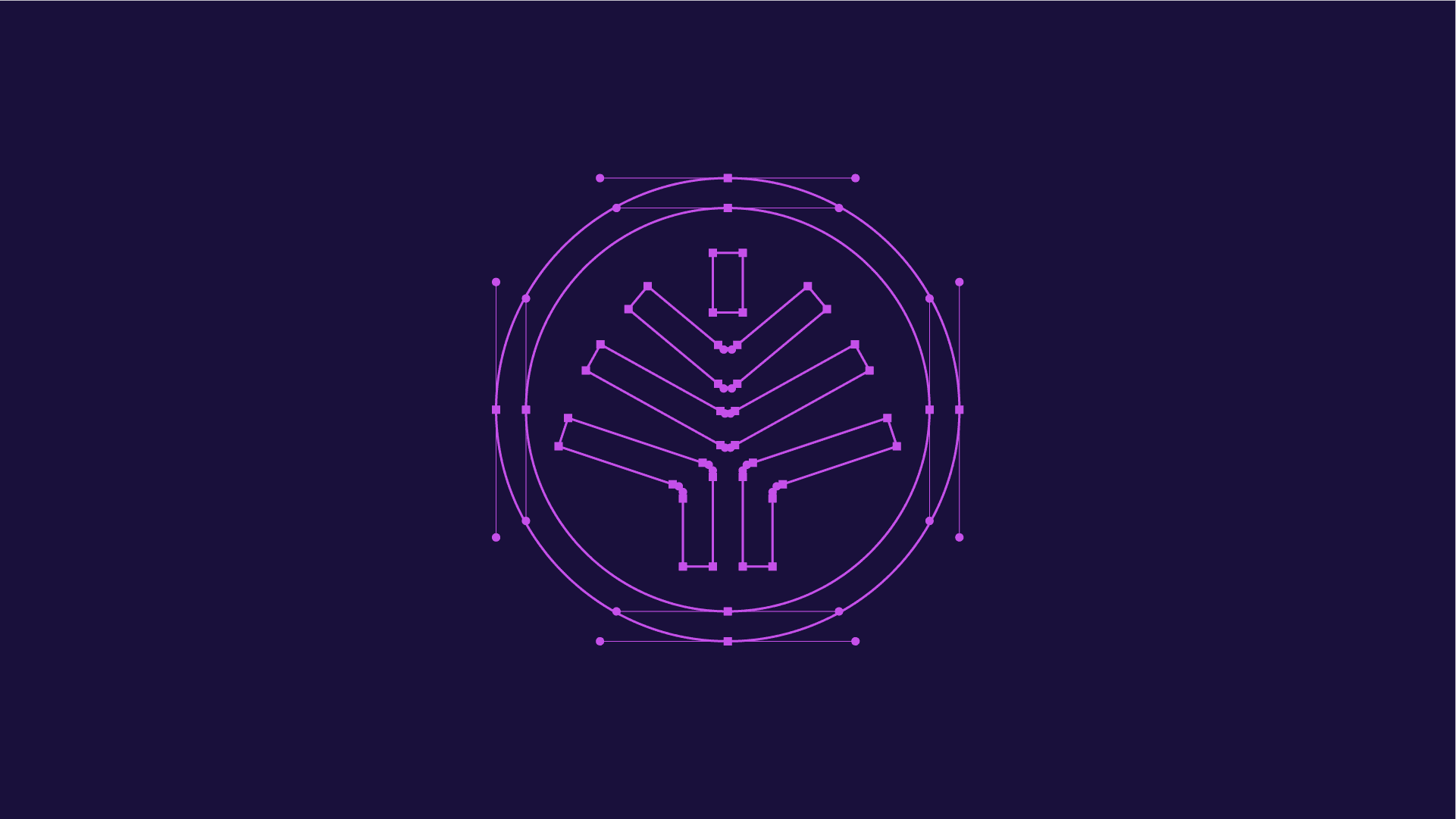 An abstract grid breakdown of the 'Wired Roots' logo displayed on a deep navy-blue background. The design is shown in a technical outline format using vibrant purple lines. The structure includes a circular outline enclosing a stylized tree-like symbol composed of symmetrical, geometric shapes. These shapes represent branches and roots, intersected by a series of alignment lines and anchor points, showcasing the detailed construction and balanced design of the logo.