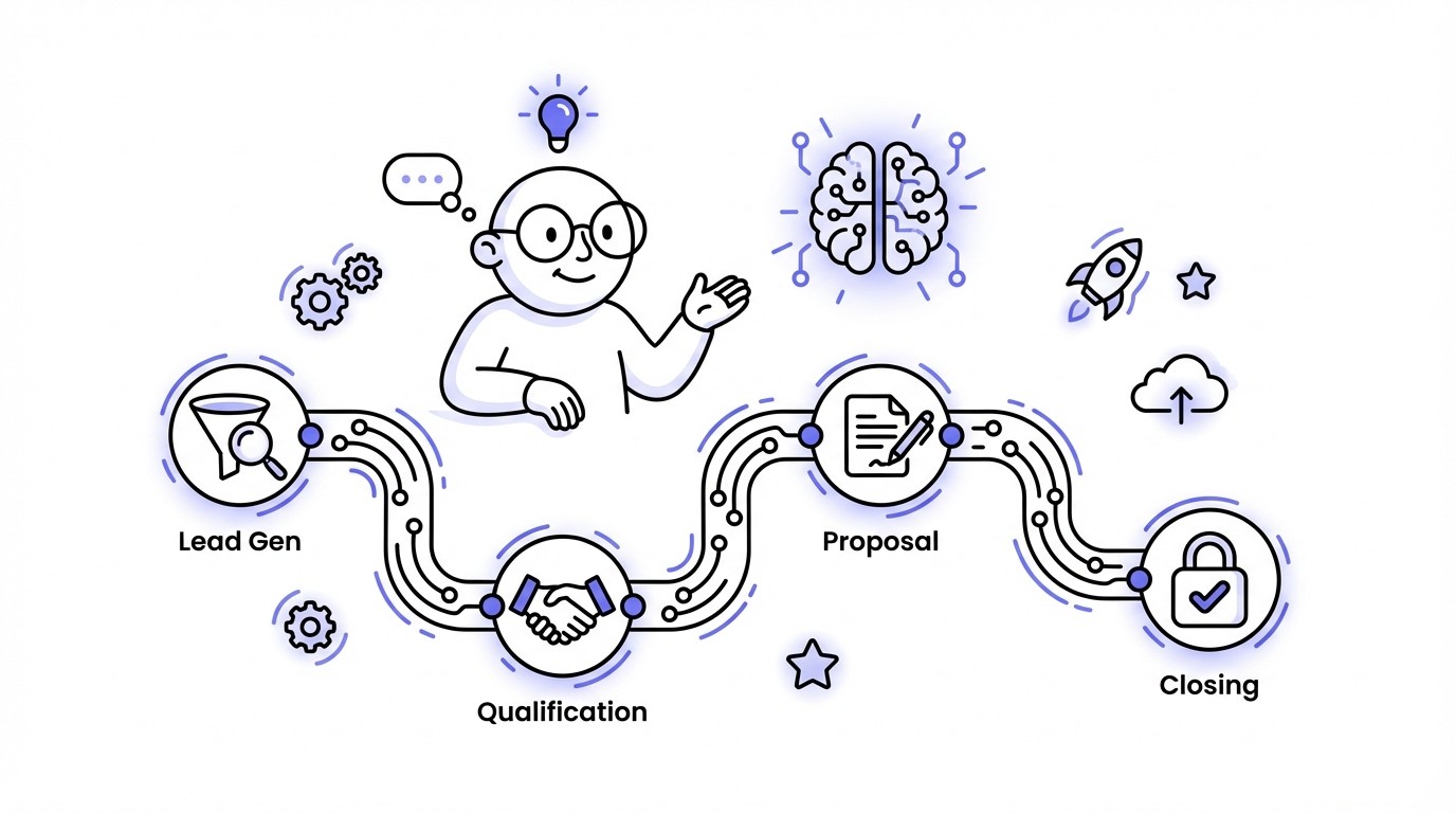 A conceptual illustration showing an AI-powered sales pipeline as a network of glowing digital nodes interconnected by data streams, representing autonomous sales processes.