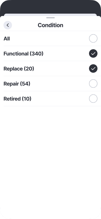 Mobile app screeshot showing condition filters with two options checked