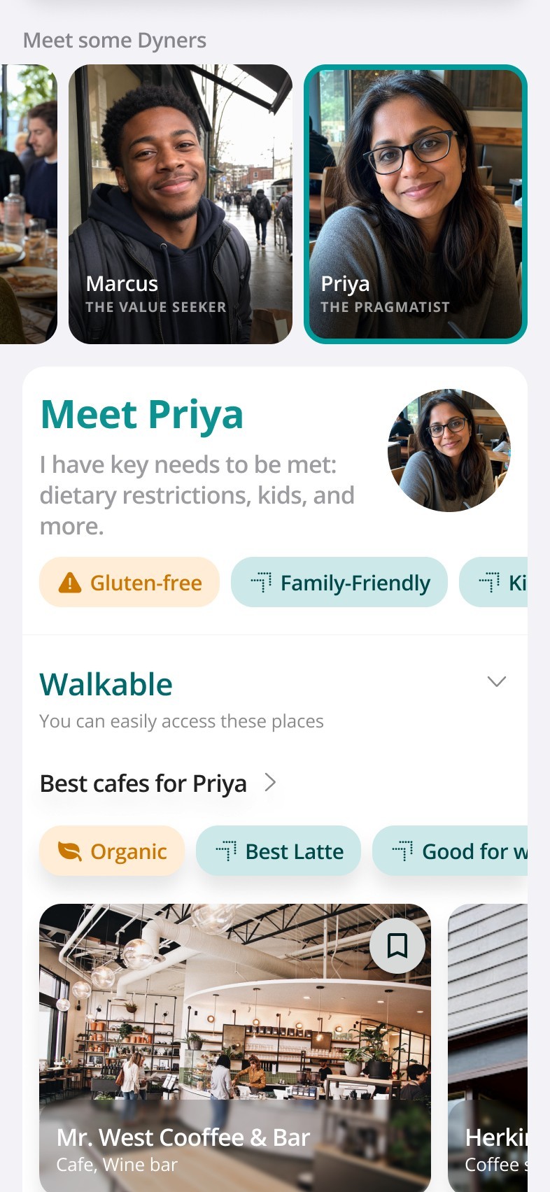 Seeded home feed with Priya — The Pragmatist — selected: their profile card, taste tags, and curated lists