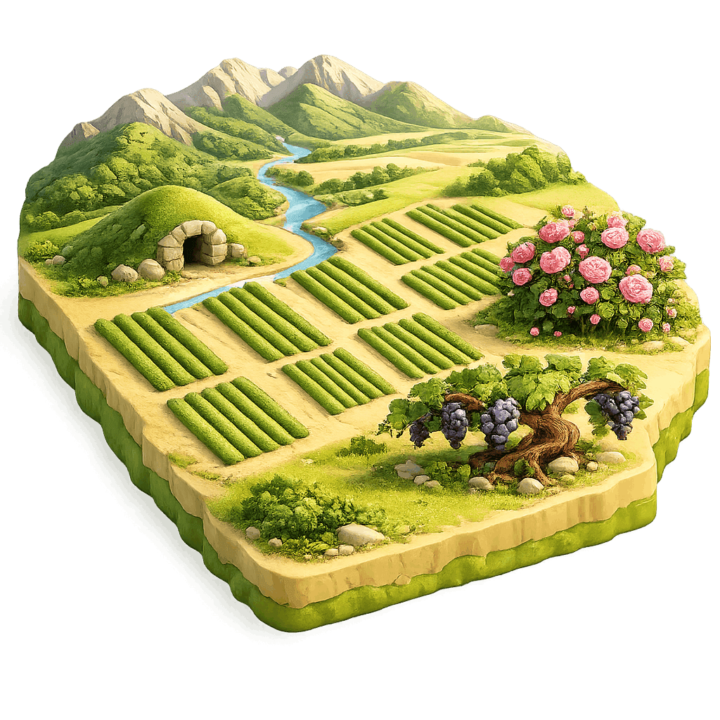 Artistic illustration of the Thracian Valley wine region.