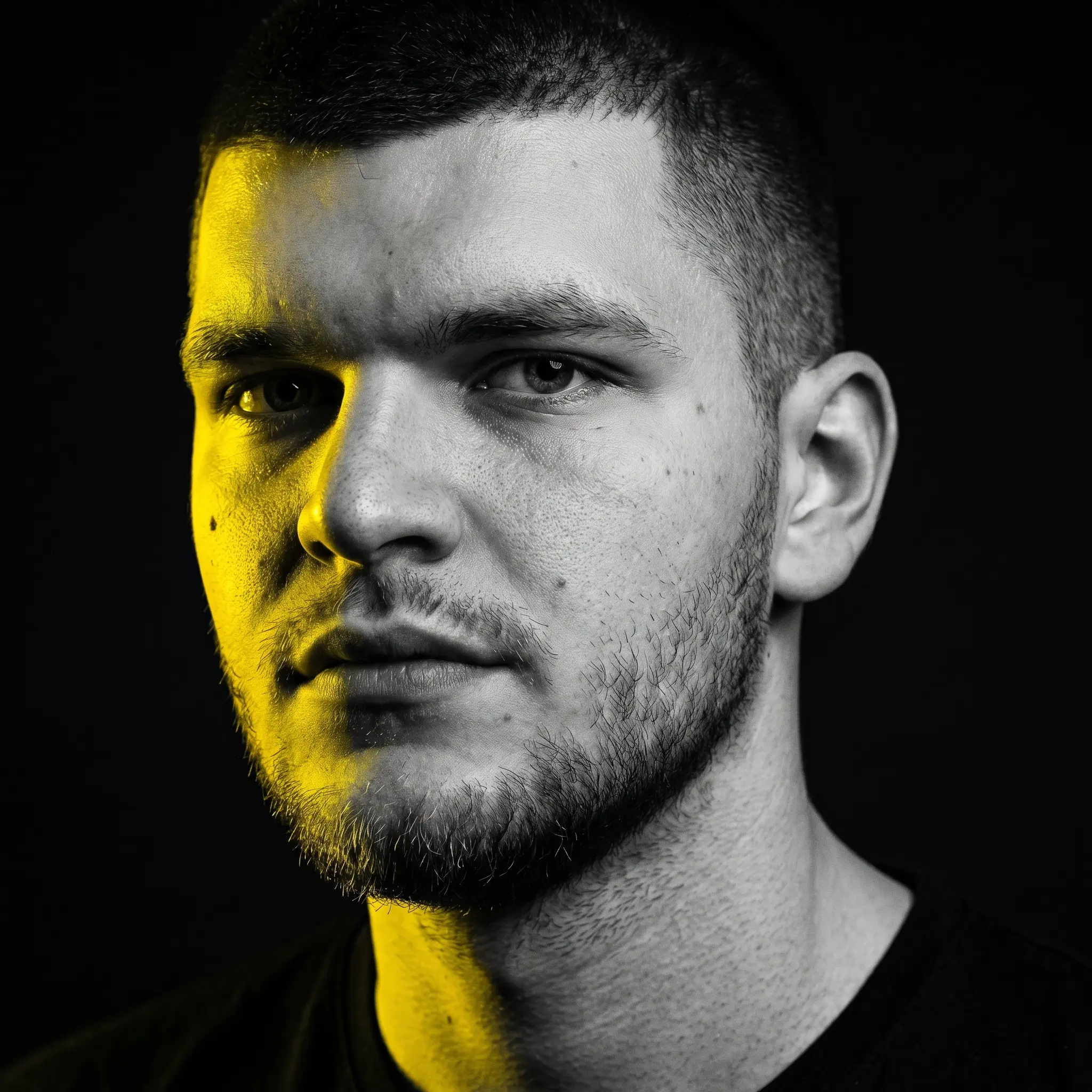 A woman with long hair is looking at the camera