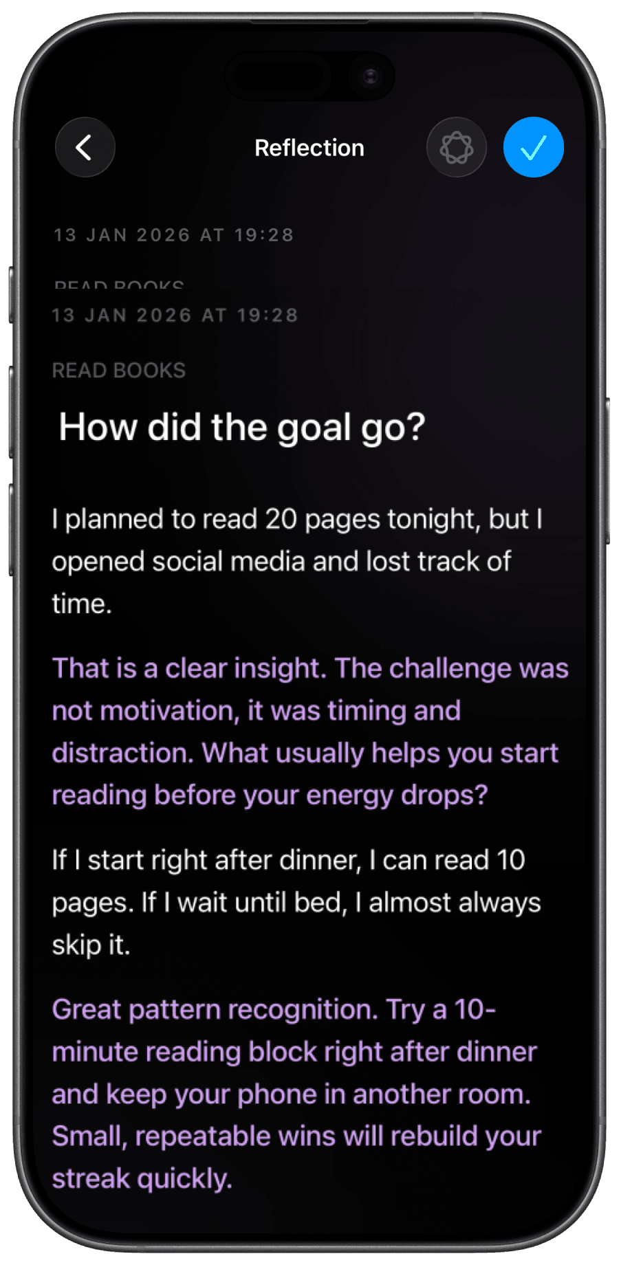 TunnelVision AI reflection analyzing reading habit patterns and suggesting timing improvements