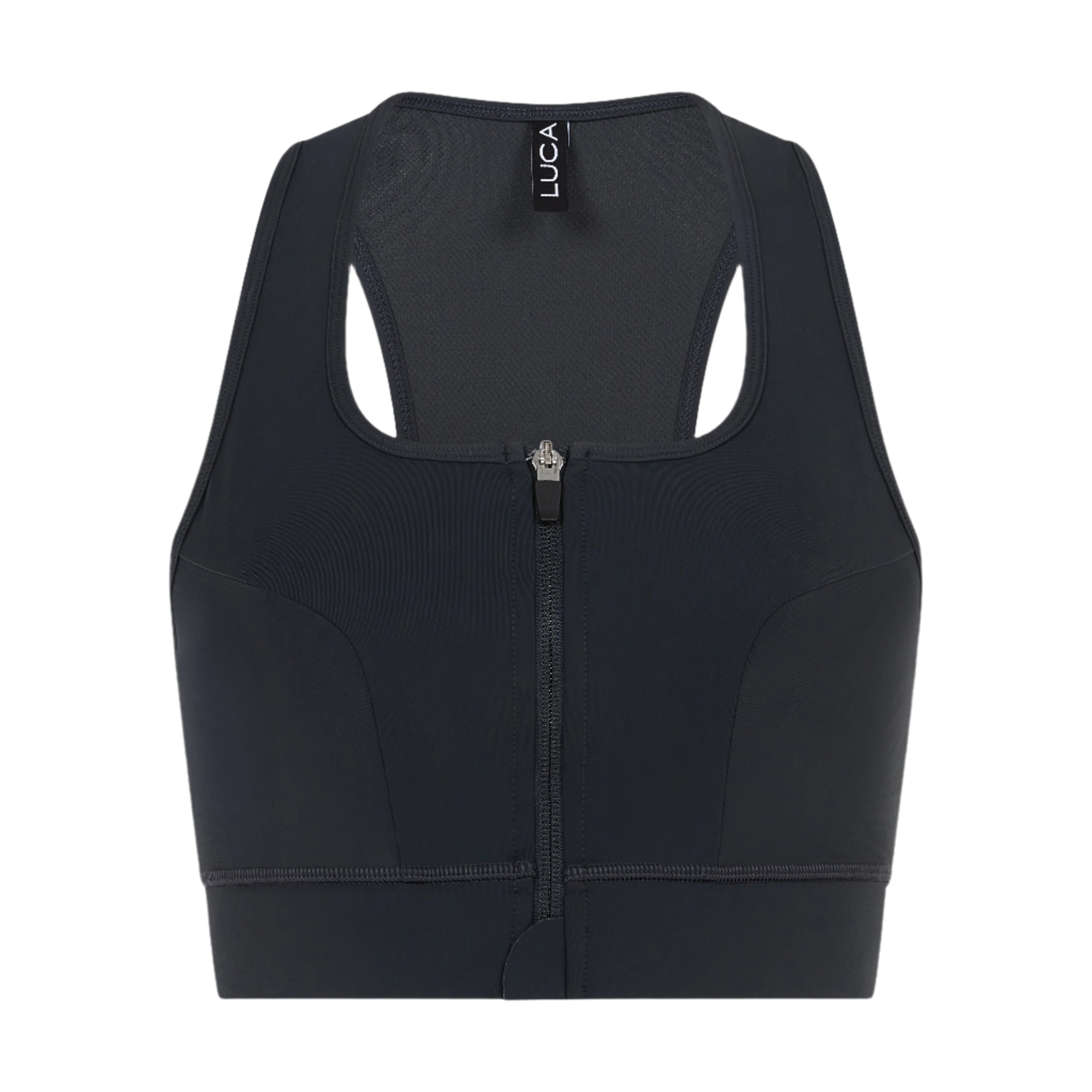 Front-view-of-a-dark-grey-bra-sports-featuring-a-racerback-design-and-a-functional-zipper-closure-down-the-center-of-the-back-The-LUCA-logo-is-visible-on-the-inner-neck-tag