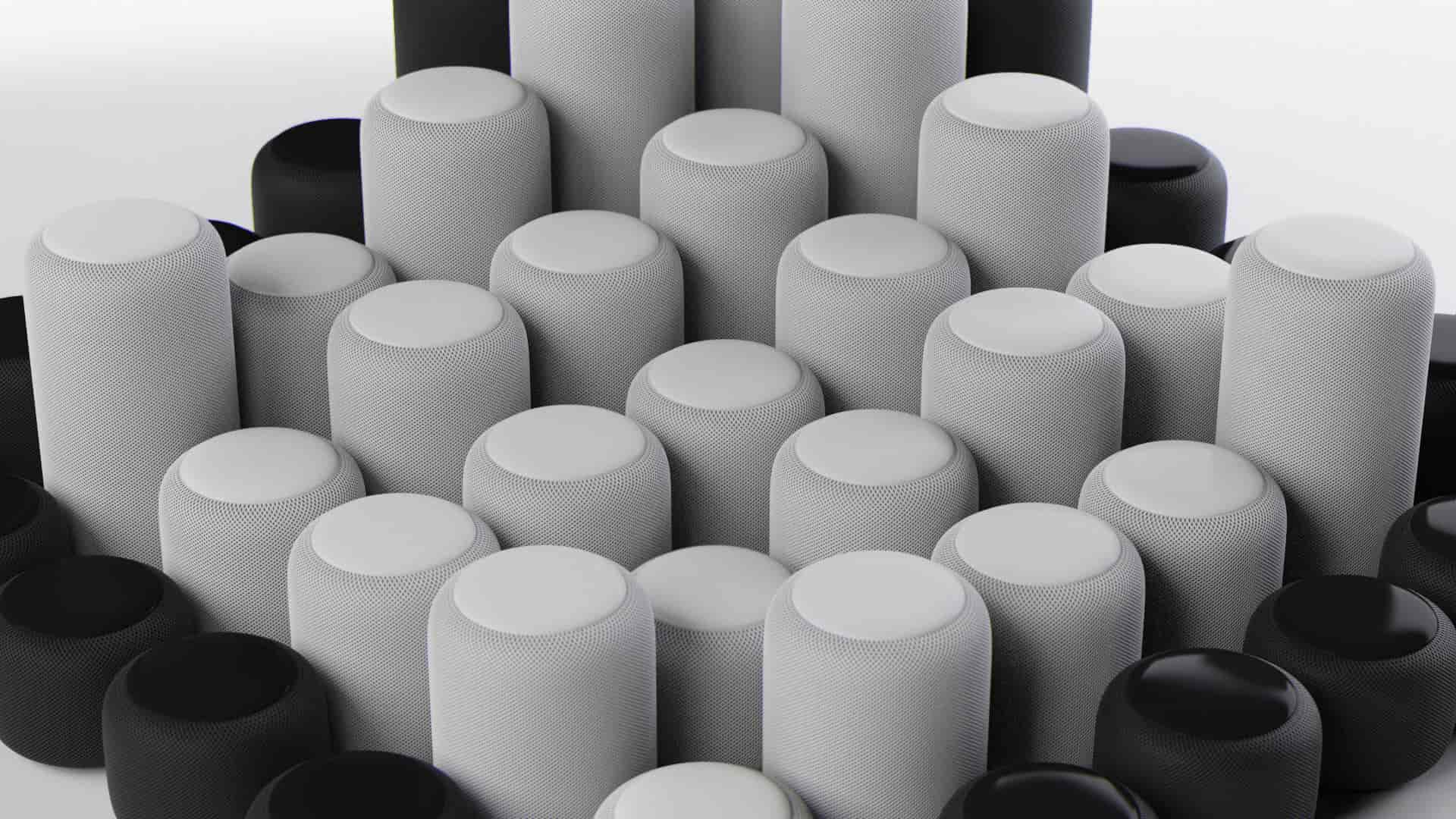 Mainframe tech work: Apple smart speakers in a hyper-detailed product CGI style for consumer hardware launch campaigns.